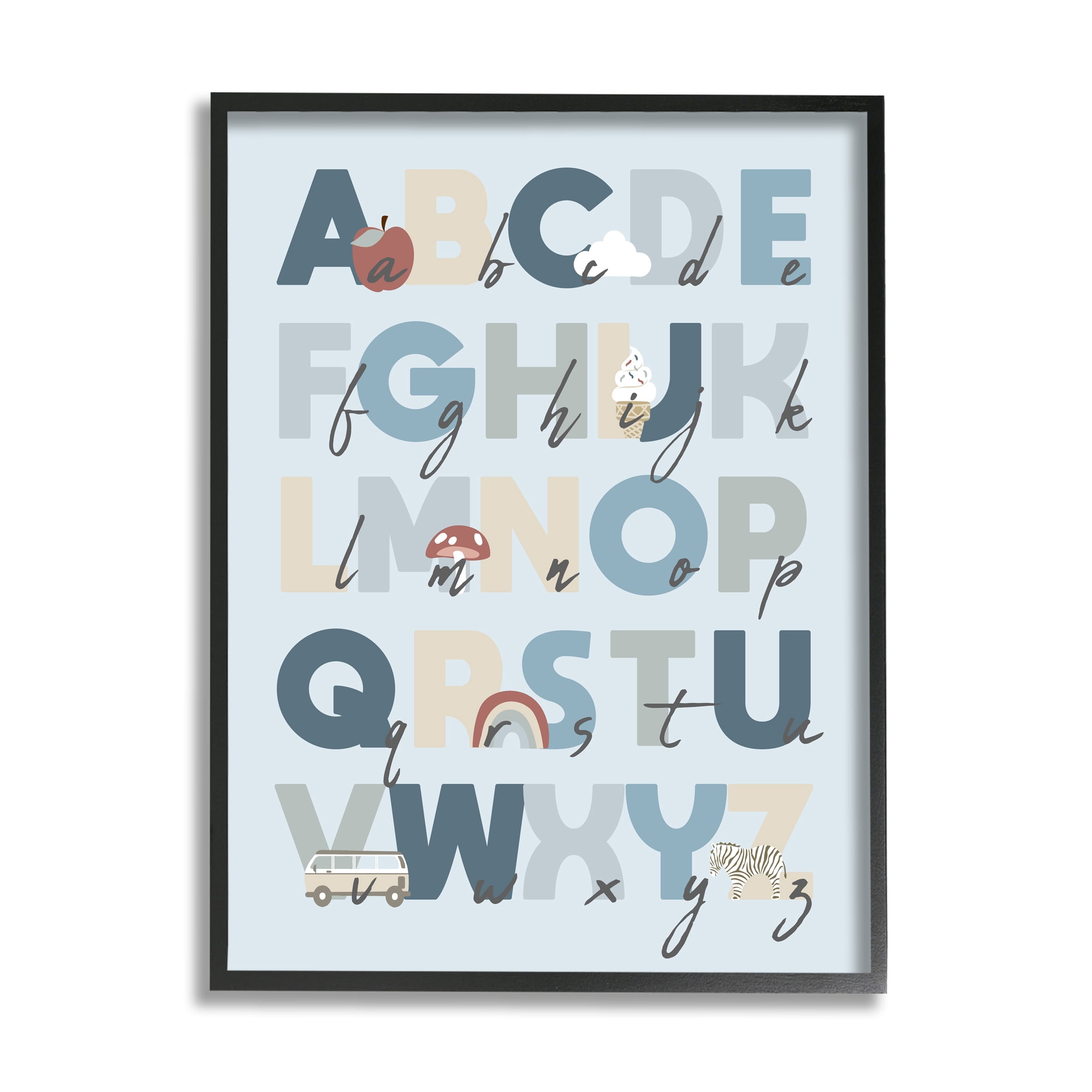 Stupell Industries Soft Blue Alphabet Chart Botanical & Floral Painting Black Framed Art Print Wall Art, 24 x 30