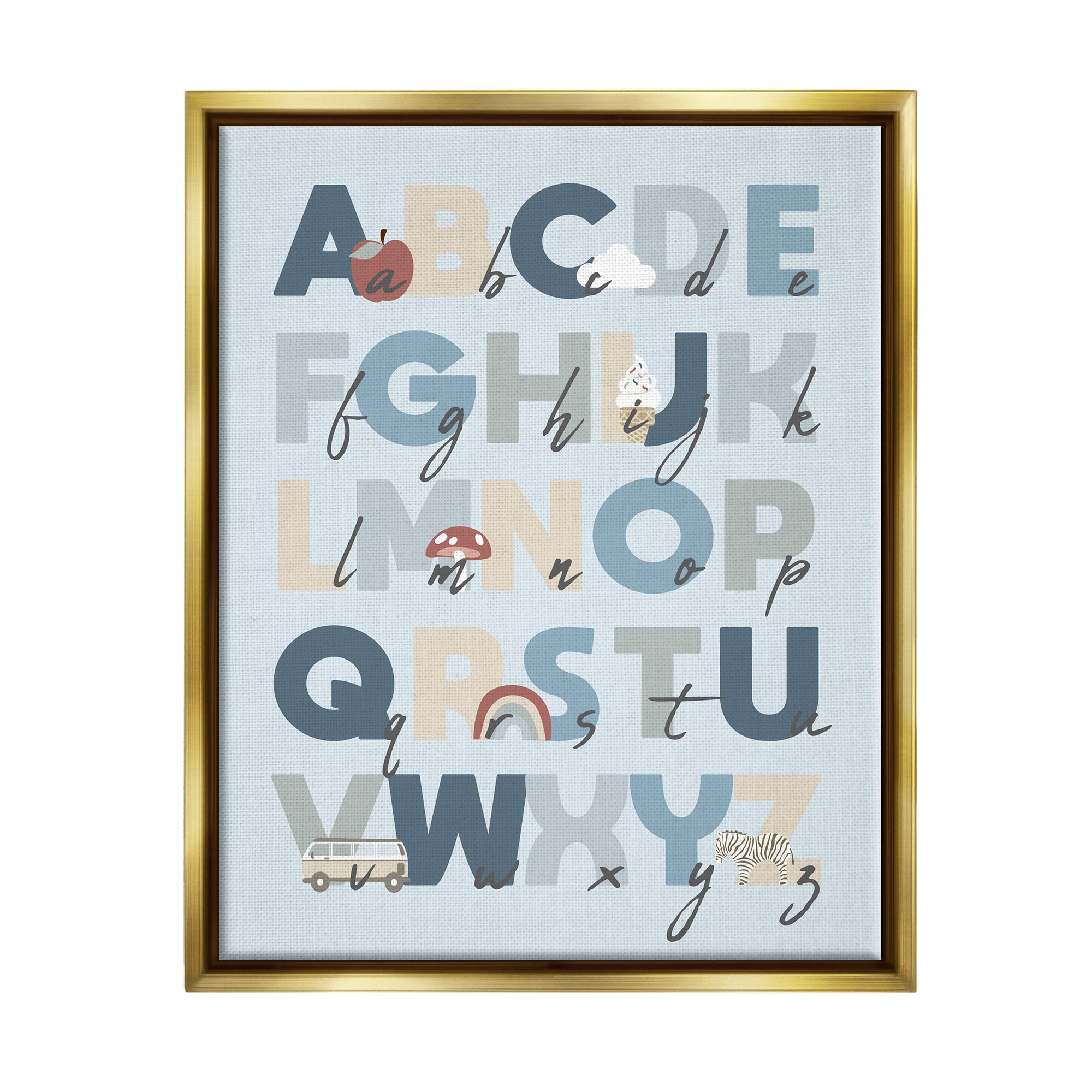 Stupell Industries Soft Blue Alphabet Chart Botanical & Floral Painting Gold Floater Framed Canvas Art Print Wall Art, 17 x 21