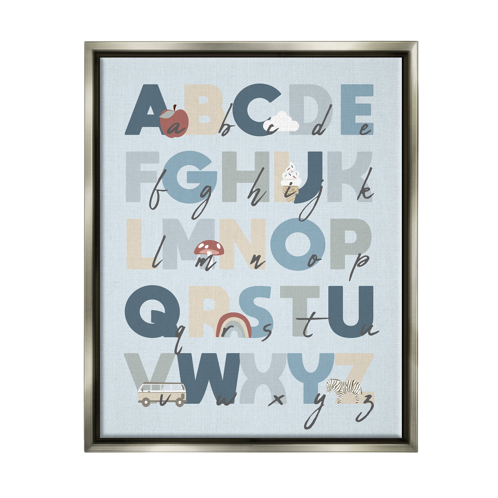 Stupell Industries Soft Blue Alphabet Chart Botanical & Floral Painting Gray Floater Framed Canvas Art Print Wall Art, 17 x 21