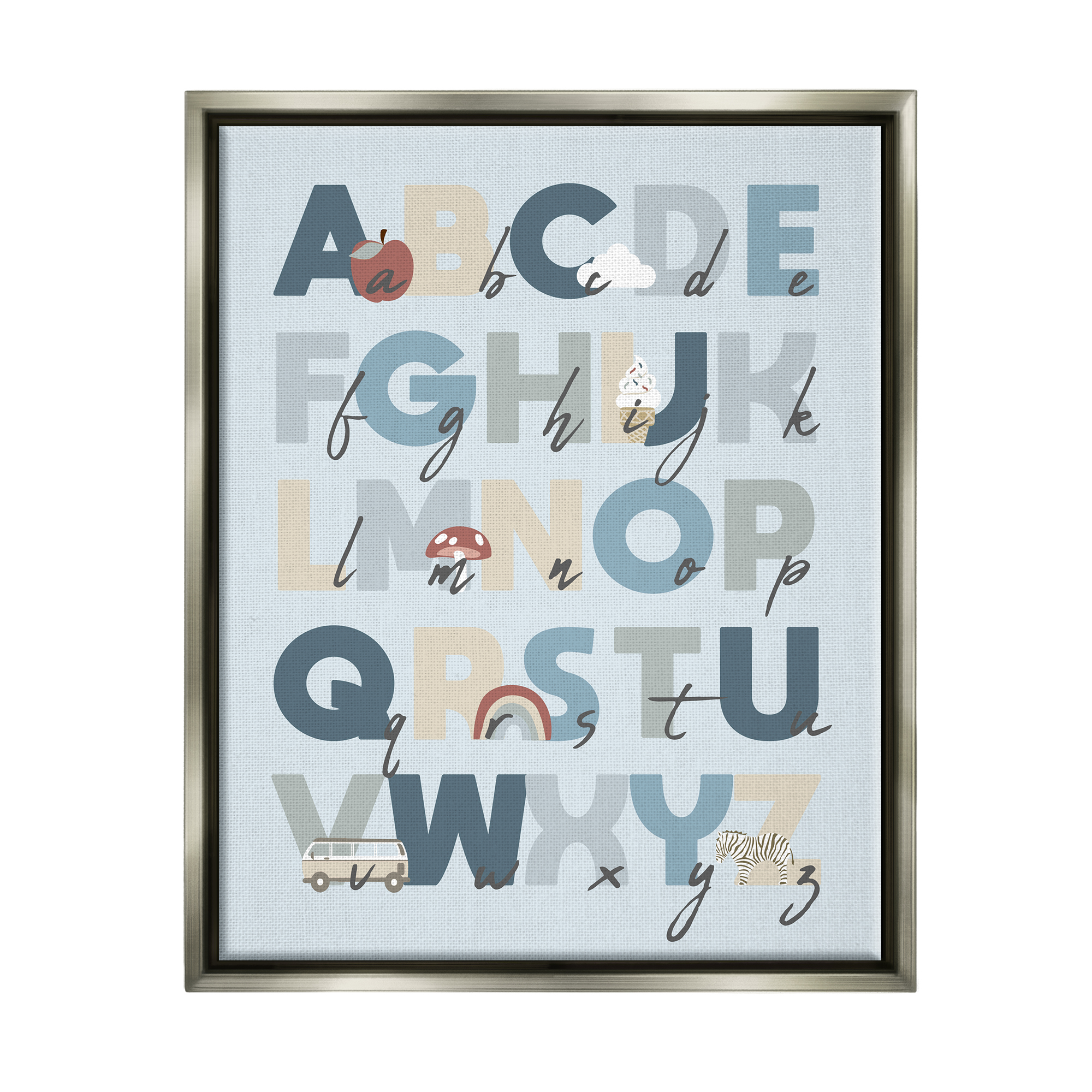 Stupell Industries Soft Blue Alphabet Chart Botanical & Floral Painting Gray Floater Framed Canvas Art Print Wall Art, 25 x 31