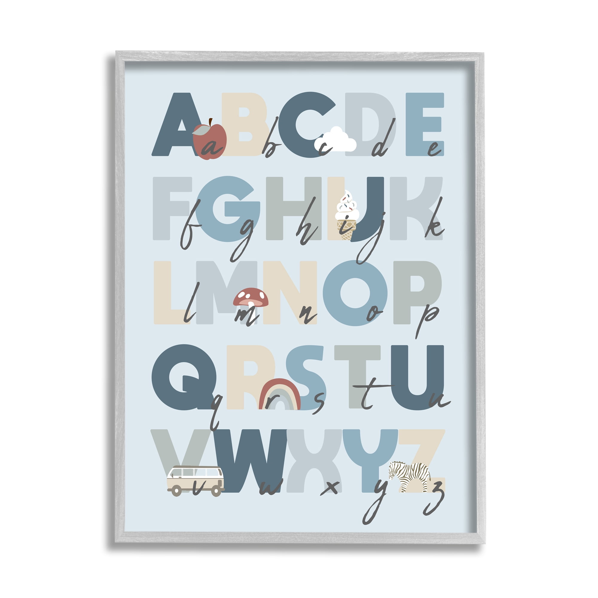 Stupell Industries Soft Blue Alphabet Chart Botanical & Floral Painting Gray Framed Art Print Wall Art, 16 x 20