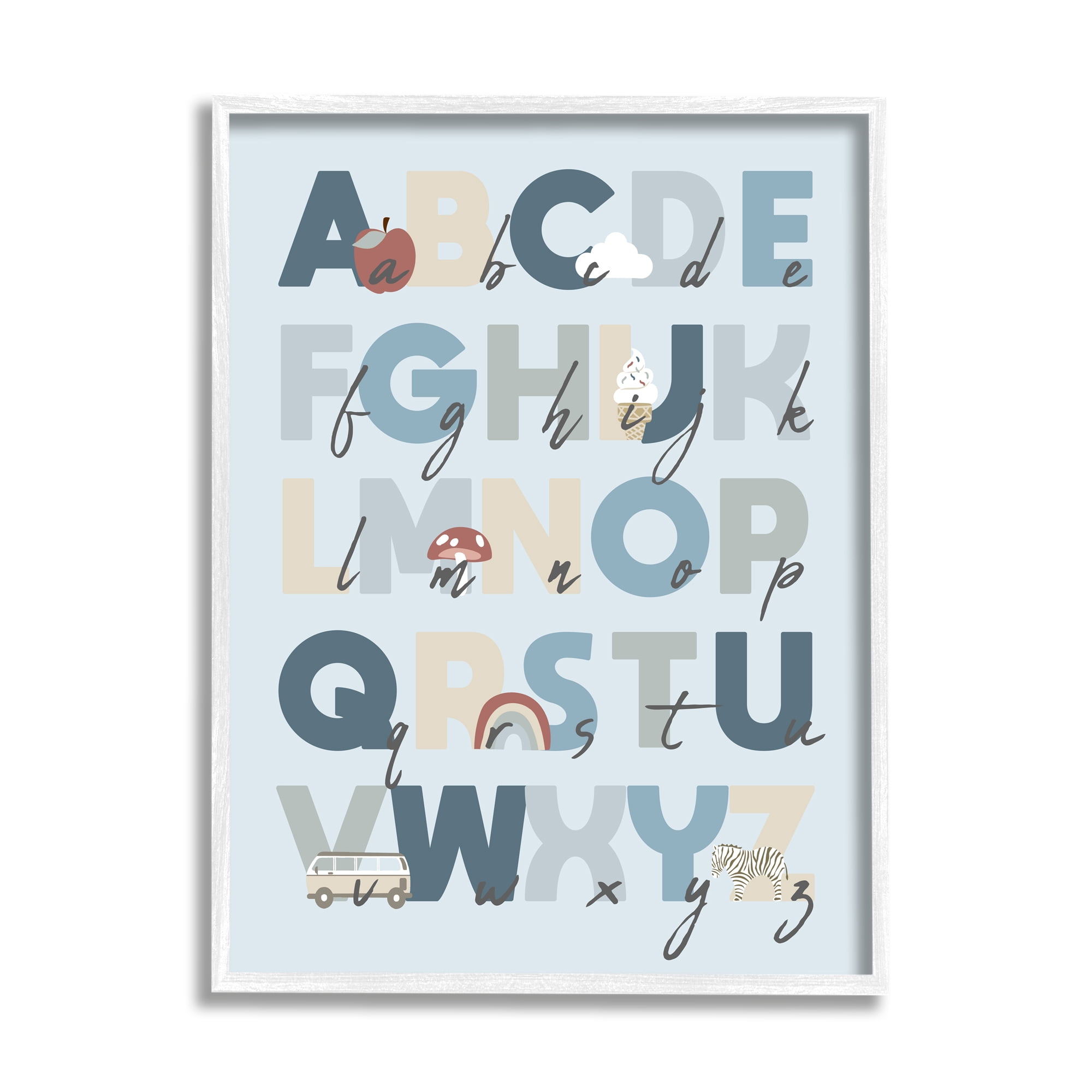 Stupell Industries Soft Blue Alphabet Chart Botanical & Floral Painting White Framed Art Print Wall Art, 11 x 14