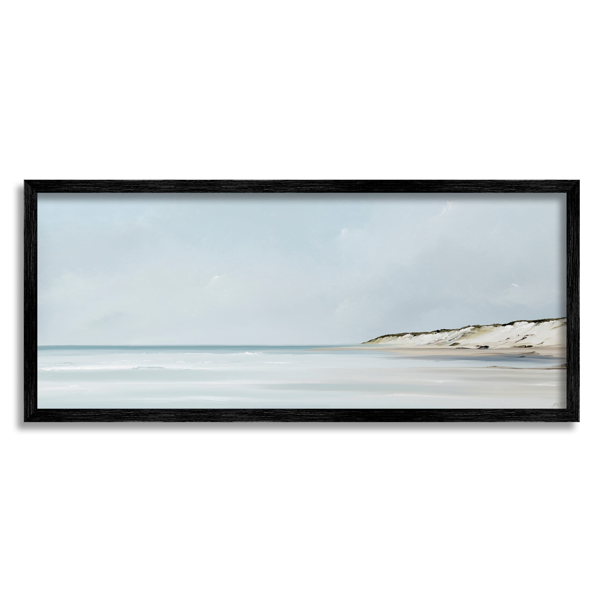 Stupell Industries Soft Blue Beach Landscape Landscape Painting Black Framed Art Print Wall Art, 30 x 13