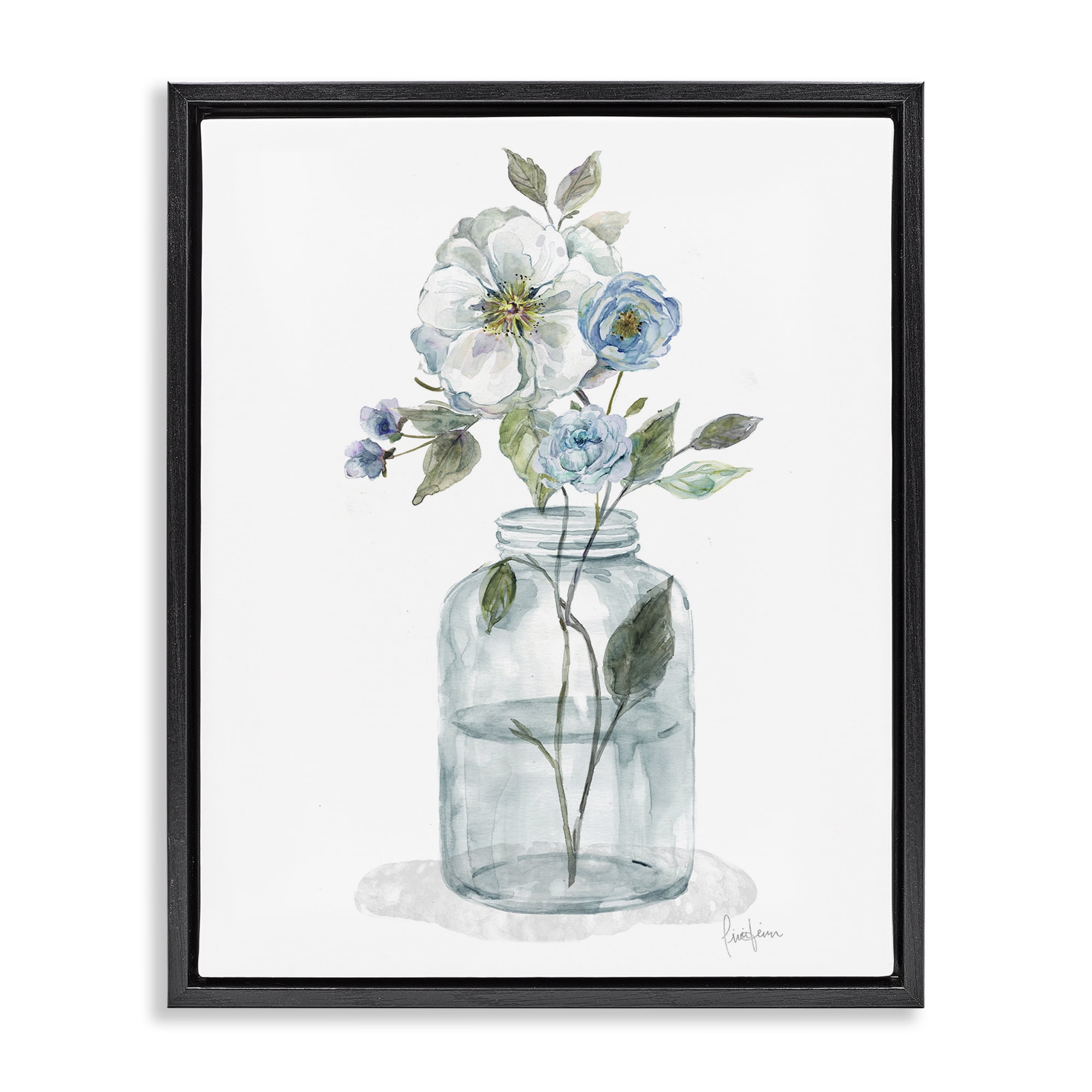 Stupell Industries Soft Blue & White Flowers Botanical & Floral Painting Black Floater Framed Art Print Wall Art, 17 x 21