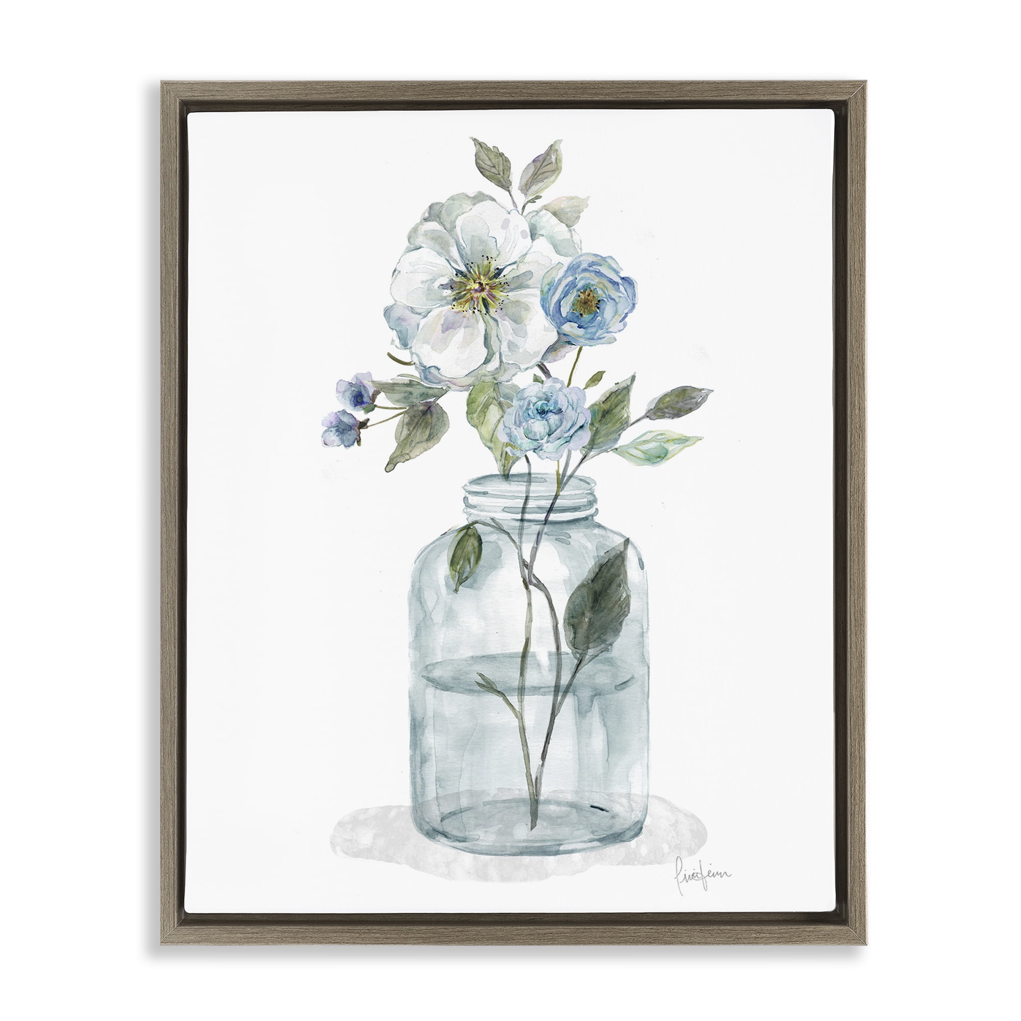 Stupell Industries Soft Blue & White Flowers Botanical & Floral Painting Brown Floater Framed Art Print Wall Art, 17 x 21