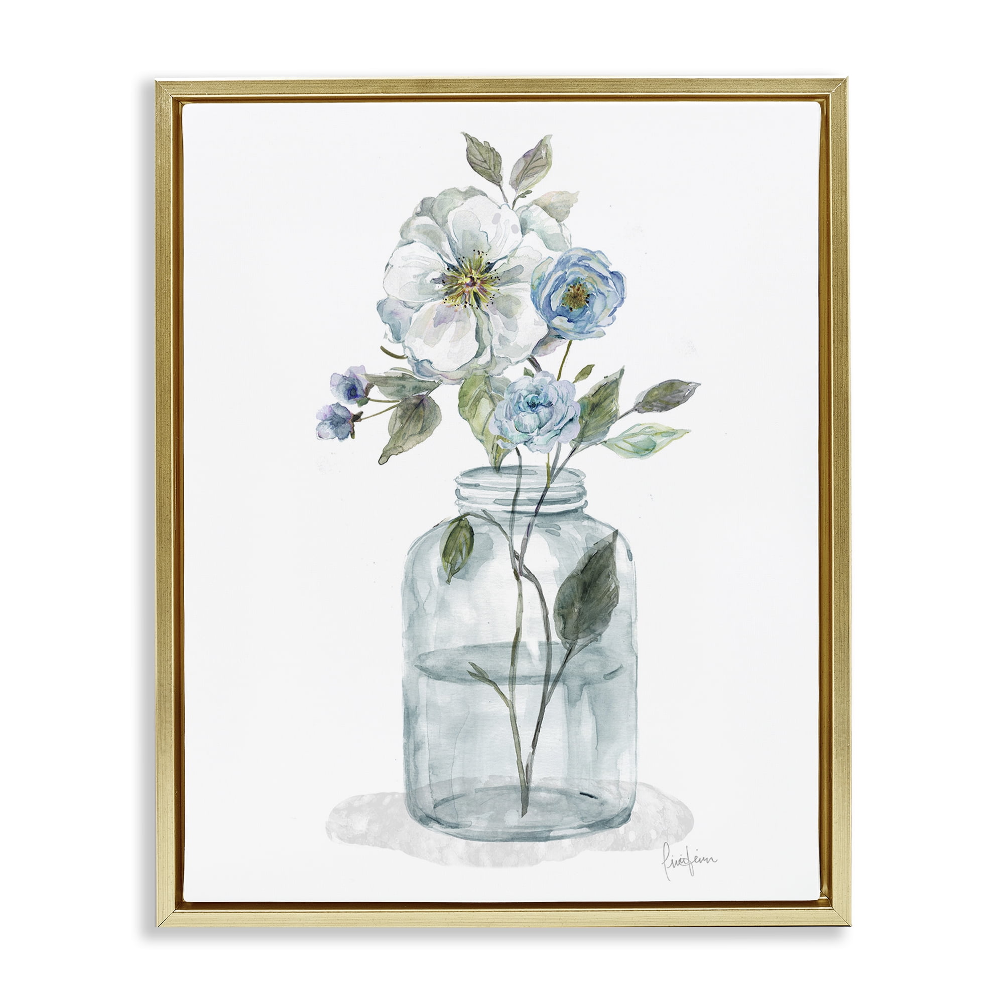 Stupell Industries Soft Blue & White Flowers Botanical & Floral Painting Gold Floater Framed Art Print Wall Art, 17 x 21