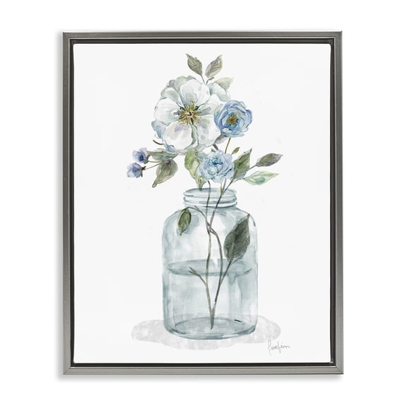 Stupell Industries Soft Blue & White Flowers Botanical & Floral Painting Gray Floater Framed Art Print Wall Art, 17 x 21