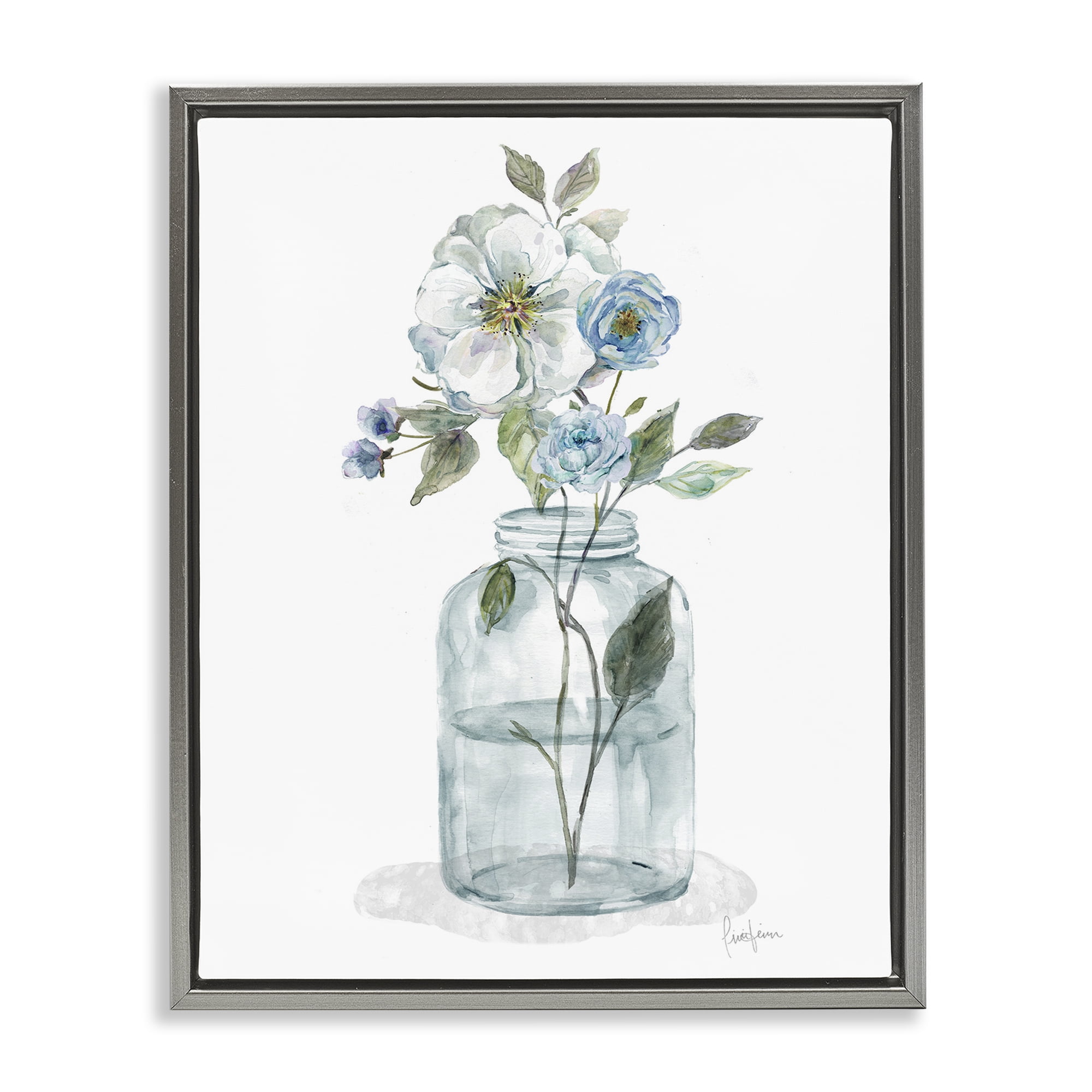 Stupell Industries Soft Blue & White Flowers Botanical & Floral Painting Gray Floater Framed Art Print Wall Art, 25 x 31