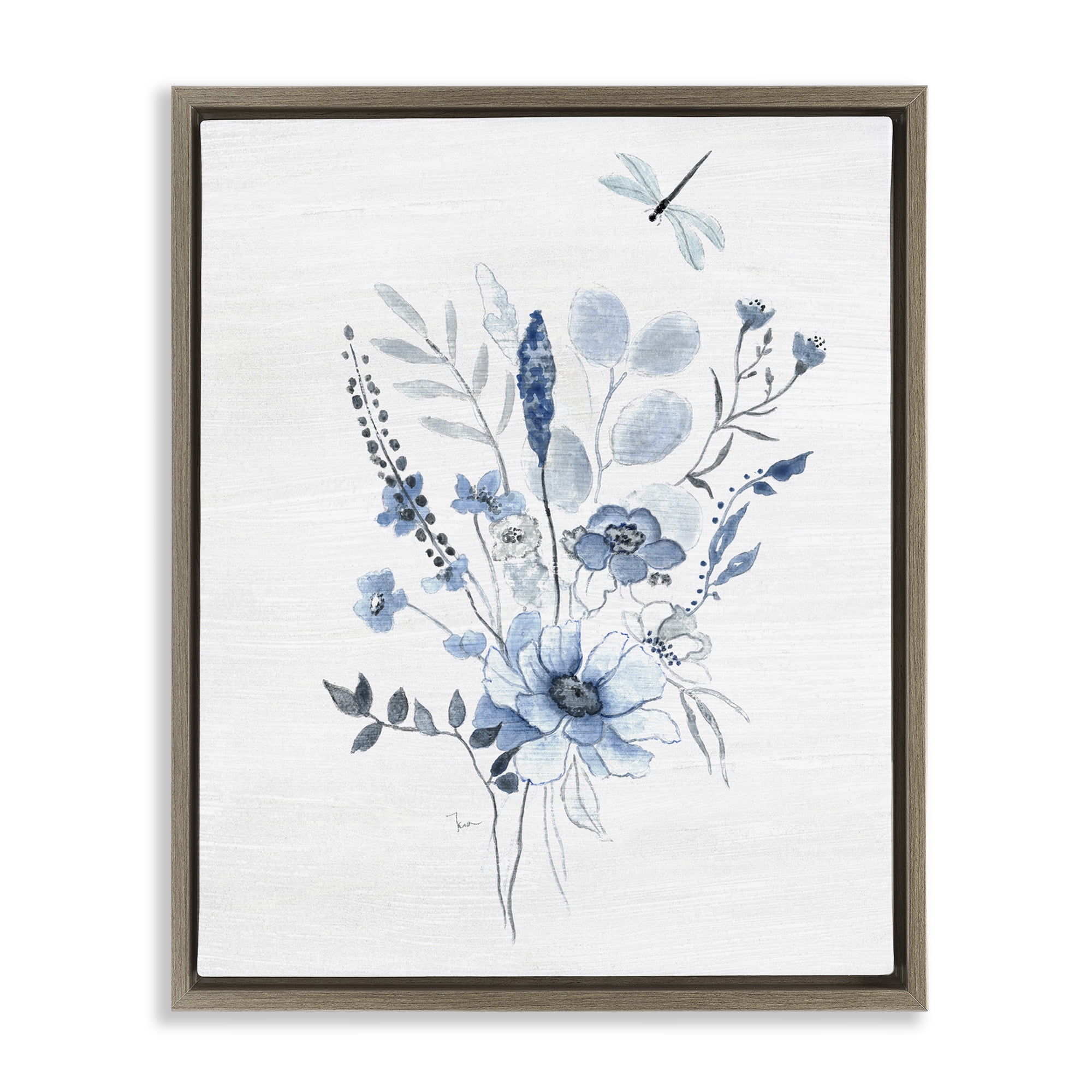 Stupell Industries Soft Blue Wildflowers Botanical & Floral Painting Brown Floater Framed Art Print Wall Art, 17 x 21