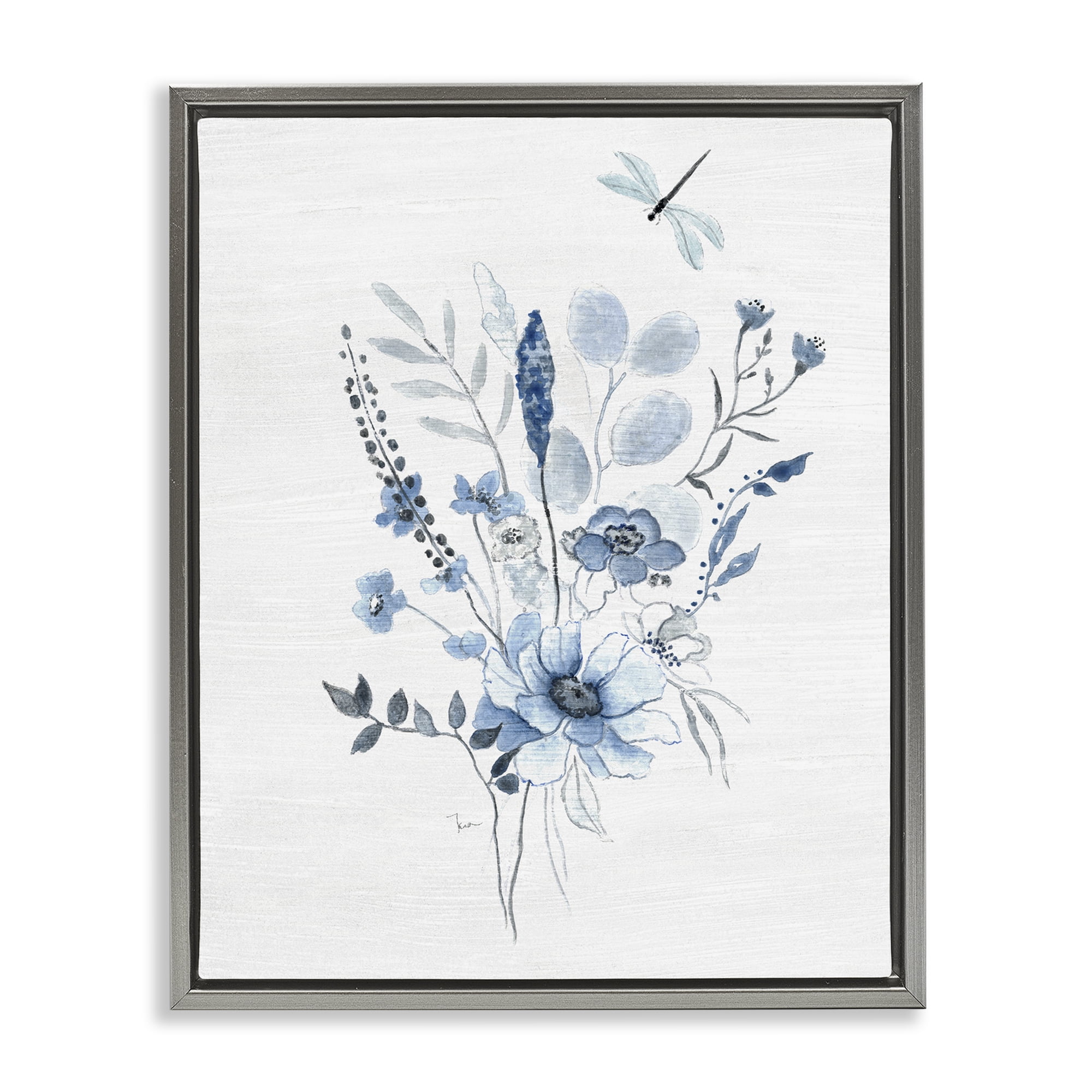 Stupell Industries Soft Blue Wildflowers Botanical & Floral Painting Gray Floater Framed Art Print Wall Art, 17 x 21