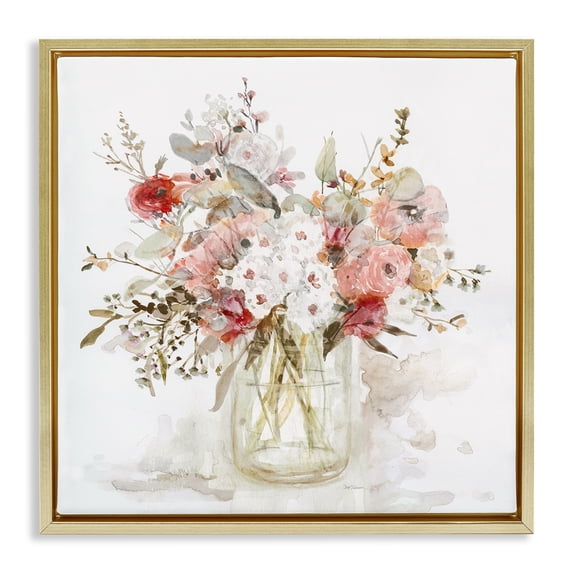 Stupell Industries Farmhouse Soft Blush Botanical Bouquet Gold Floating Frame Canvas Art, 25 x 25, by Carol Robinson