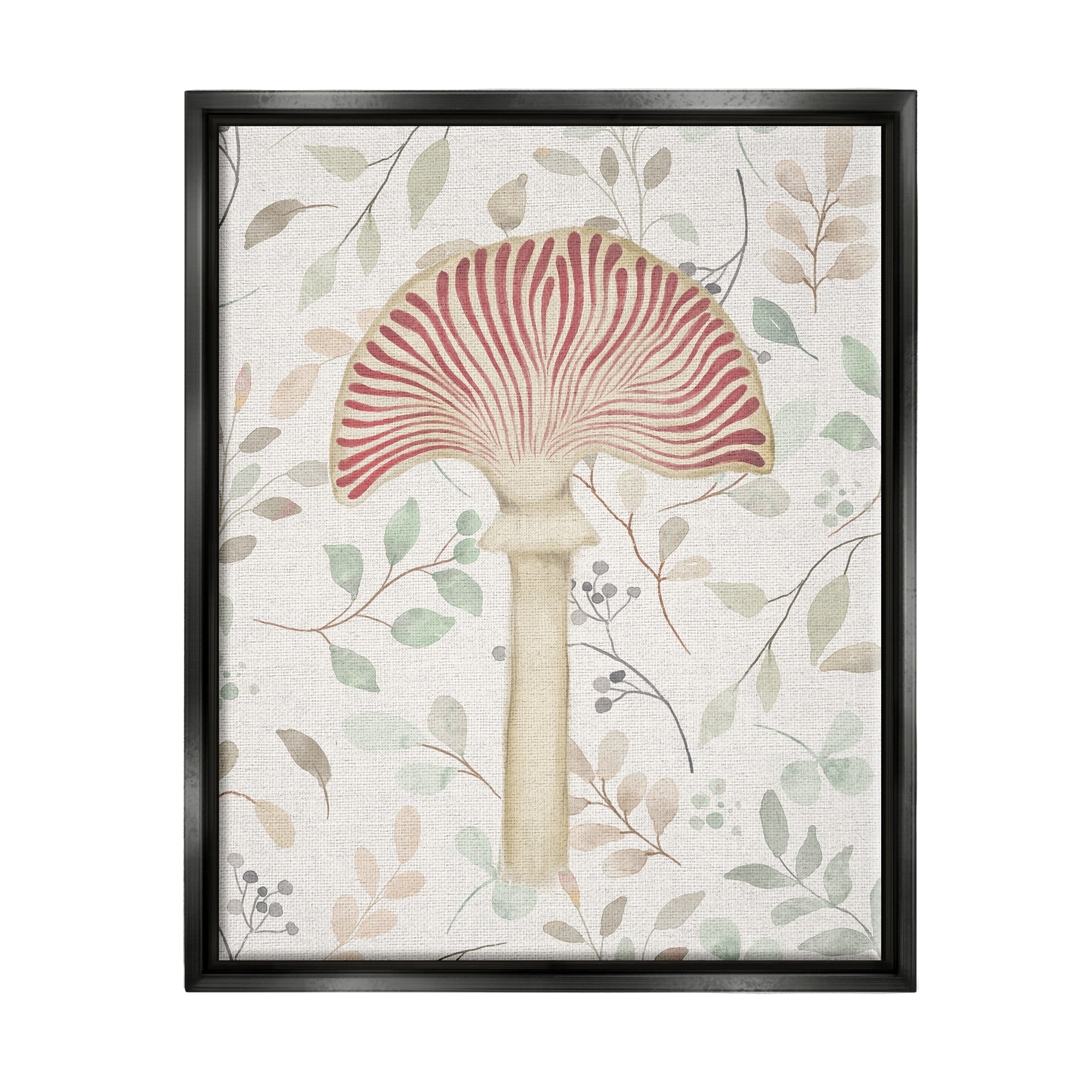 Stupell Industries Soft Botanicals & Mushroom Botanical & Floral Painting Black Floater Framed Canvas Art Print Wall Art, 25 x 31
