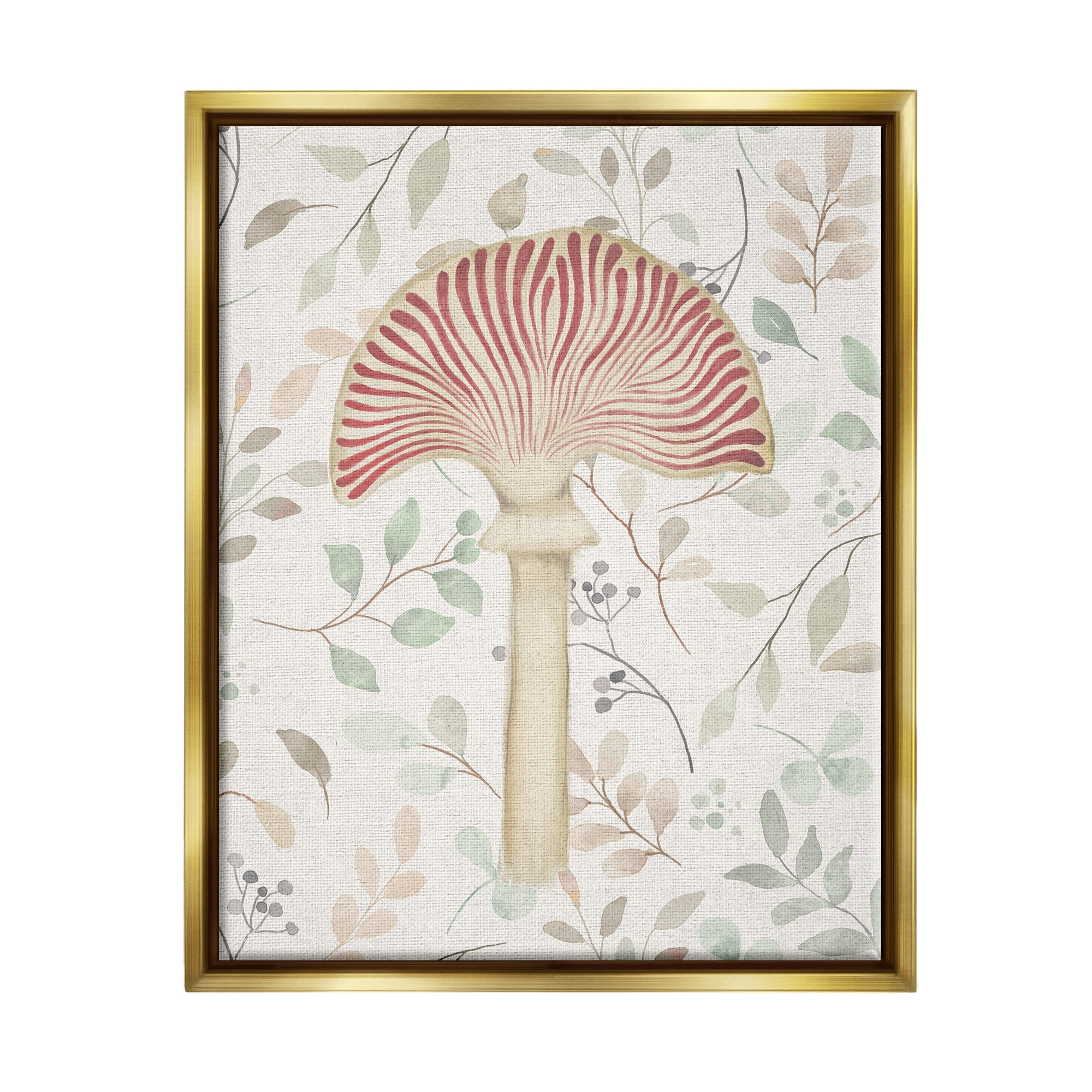 Stupell Industries Soft Botanicals & Mushroom Botanical & Floral Painting Gold Floater Framed Canvas Art Print Wall Art, 17 x 21