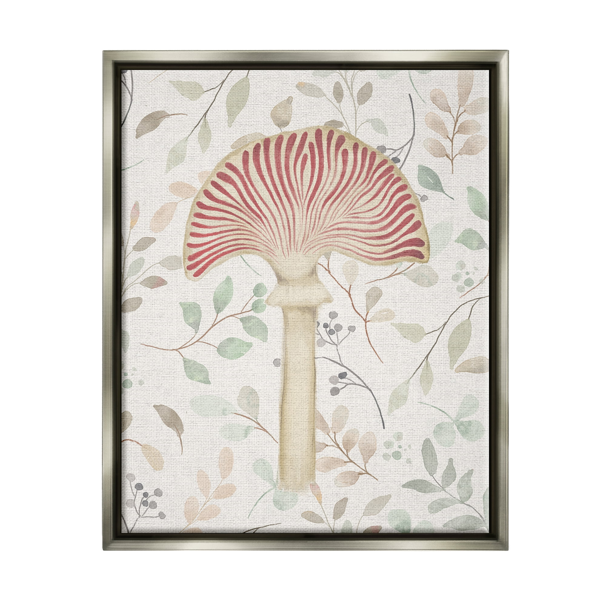 Stupell Industries Soft Botanicals & Mushroom Botanical & Floral Painting Gray Floater Framed Canvas Art Print Wall Art, 25 x 31