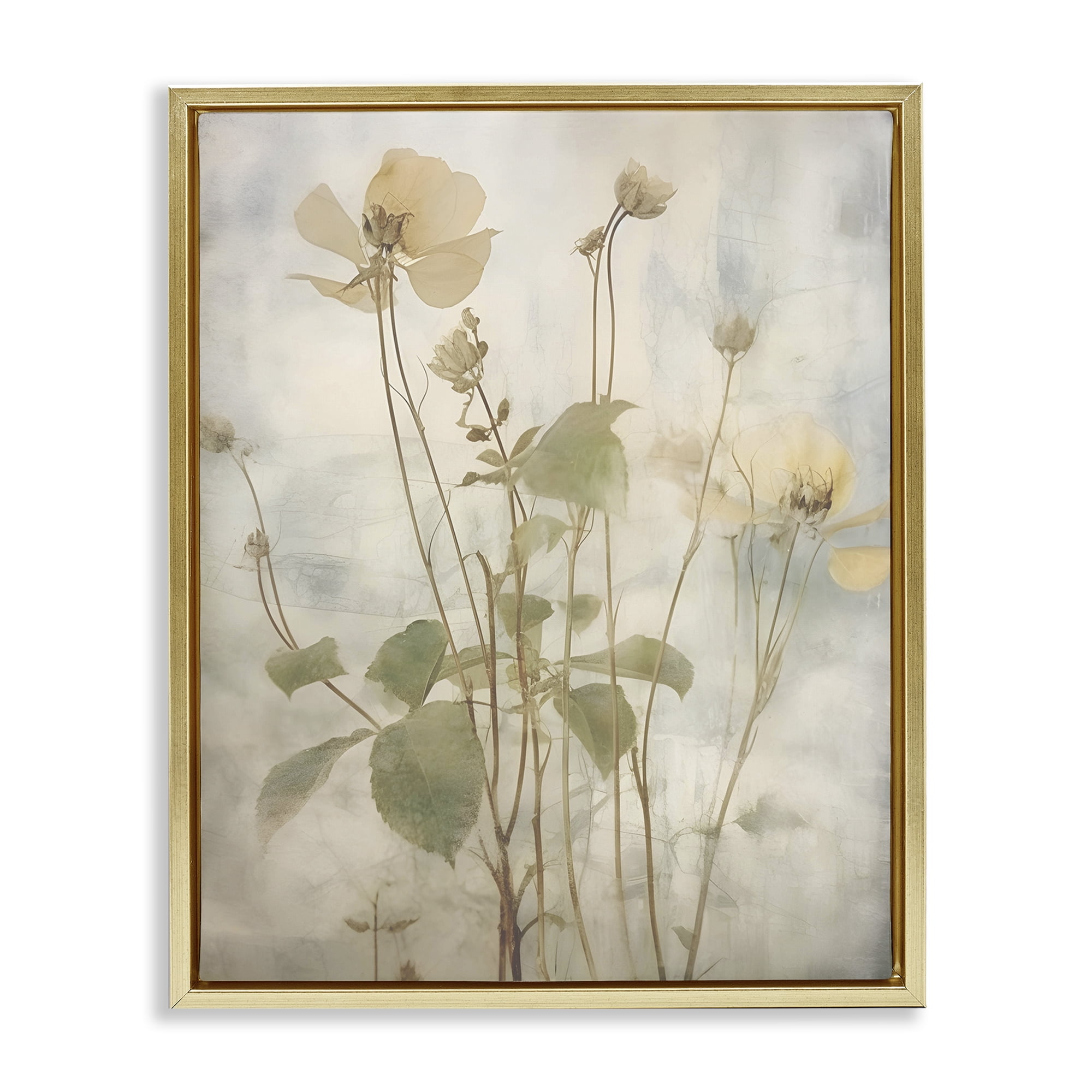 Stupell Industries Soft Botanicals Pattern Plants & Flowers Painting Gold Floater Framed Canvas Art Print Wall Art, 25 x 31