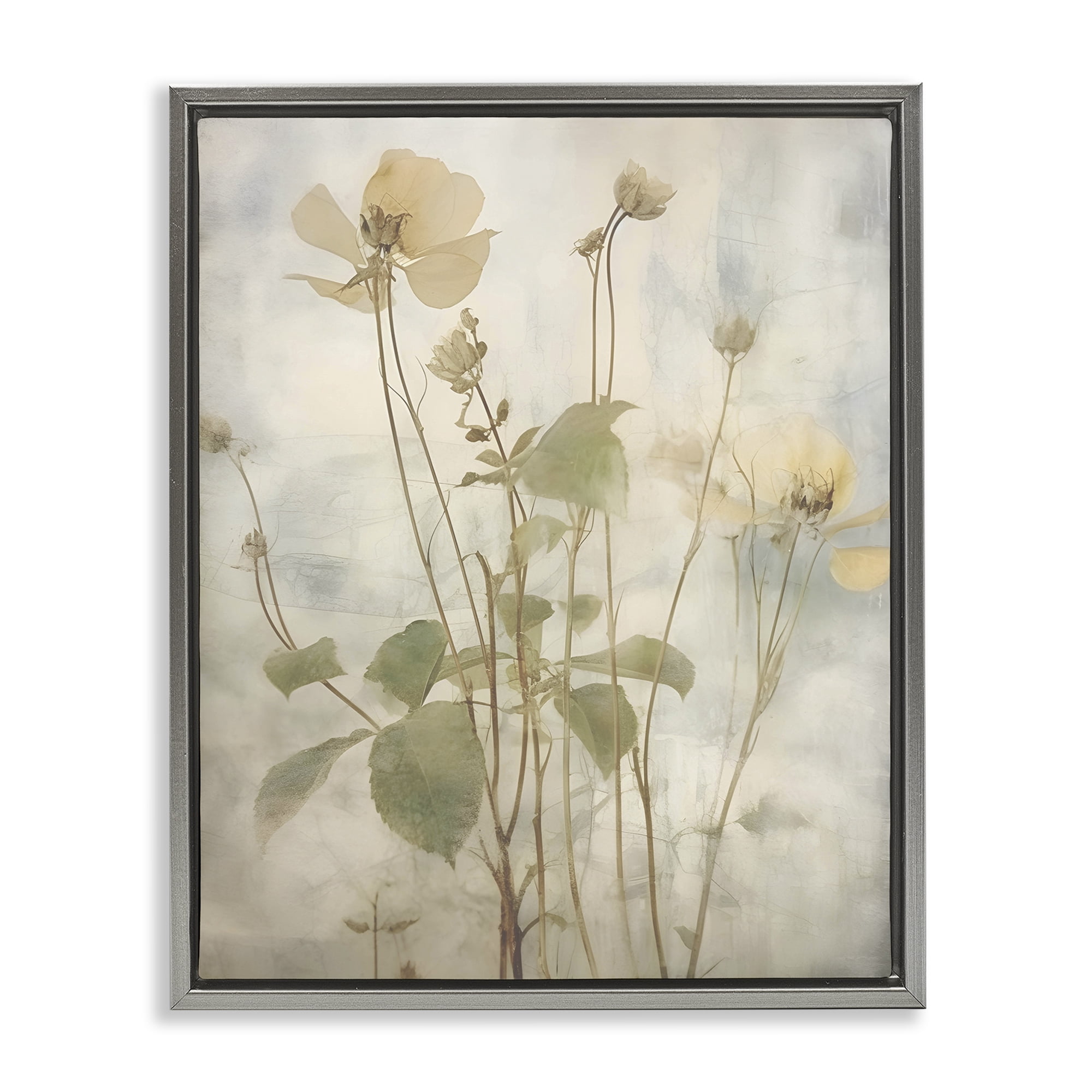 Stupell Industries Soft Botanicals Pattern Plants & Flowers Painting Gray Floater Framed Canvas Art Print Wall Art, 17 x 21