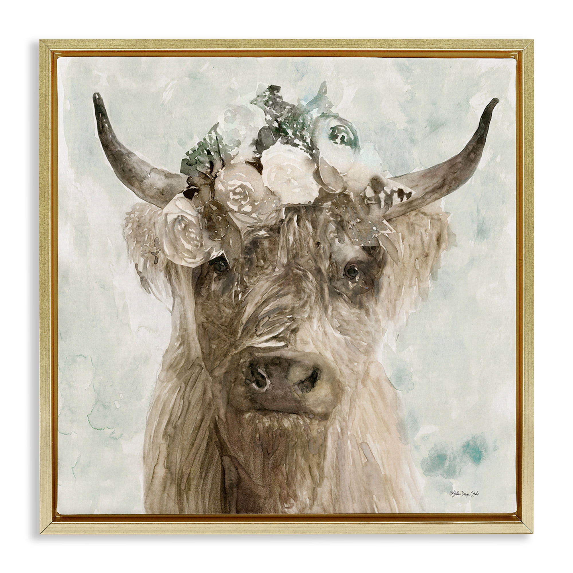 Stupell Industries Soft Buffalo with Floral Crown Animals & Insects Painting Gold Floater Framed Canvas Art Print Wall Art, 25 x 25