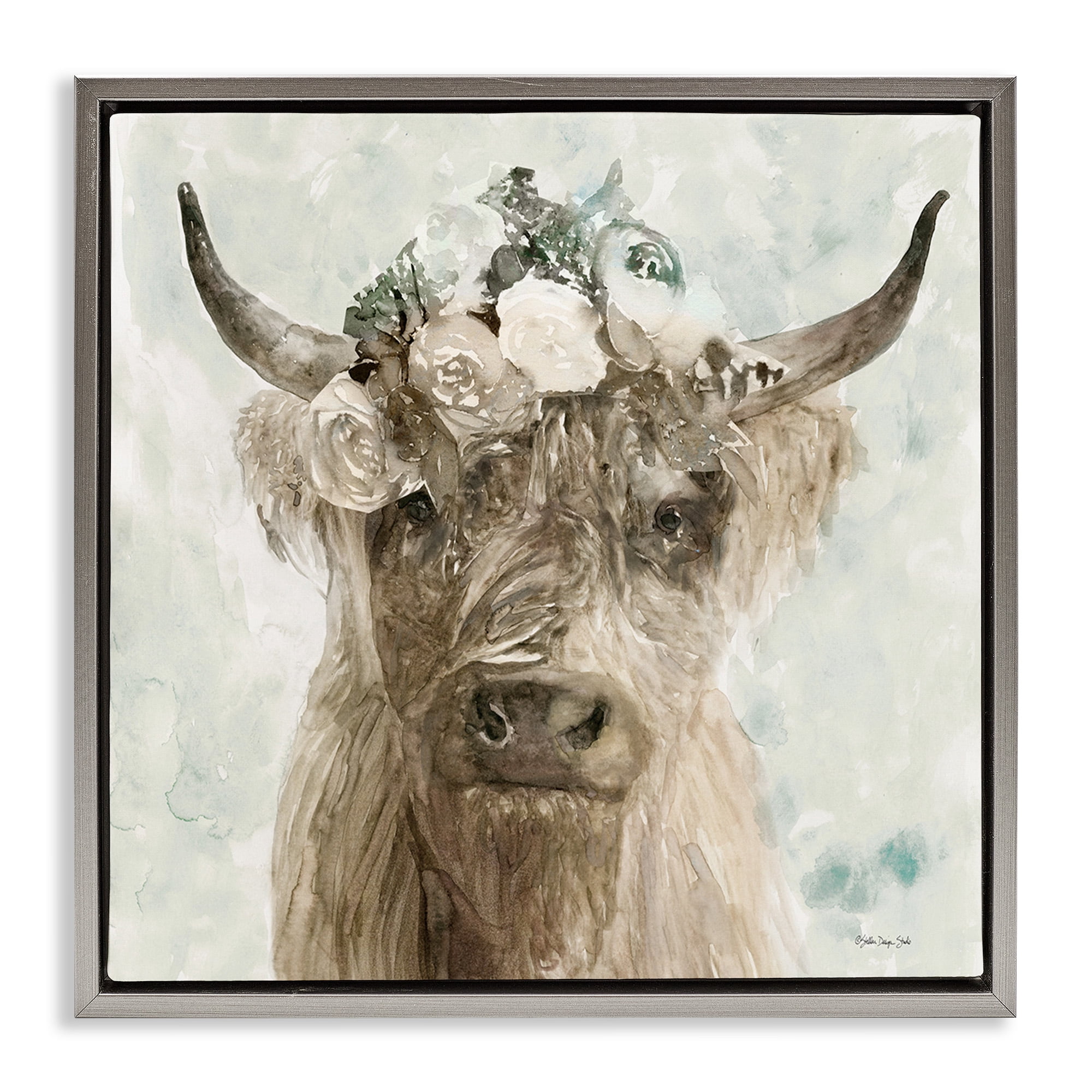 Stupell Industries Soft Buffalo with Floral Crown Animals & Insects Painting Gray Floater Framed Canvas Art Print Wall Art, 25 x 25