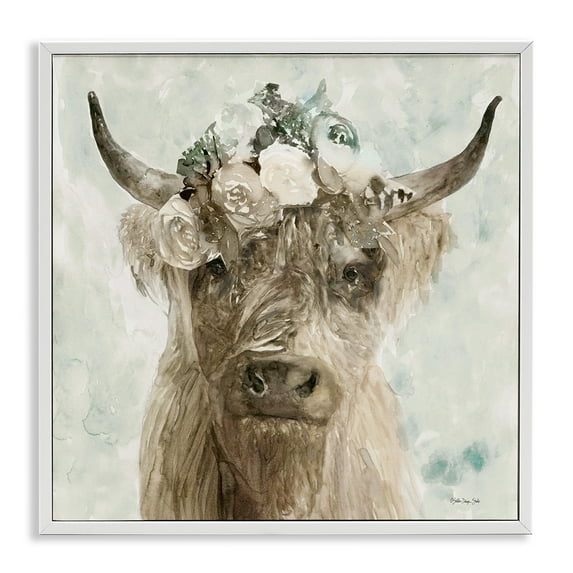 Stupell Industries Soft Buffalo with Floral Crown Animals & Insects Painting White Framed Art Print Wall Art, 12 x 12