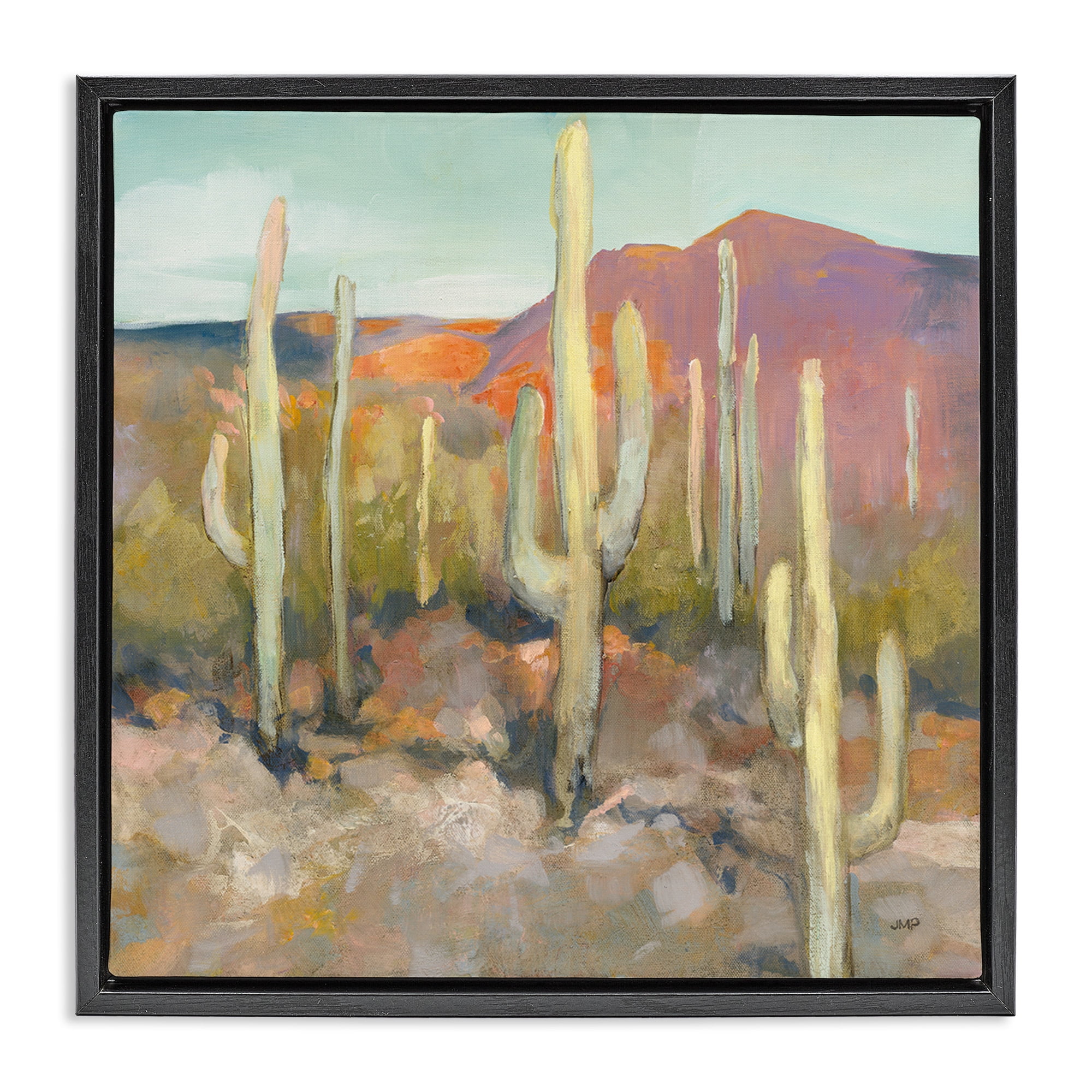 Stupell Industries Soft Cactus Desert Landscape Landscape Painting Black Floater Framed Canvas Art Print Wall Art, 25 x 25