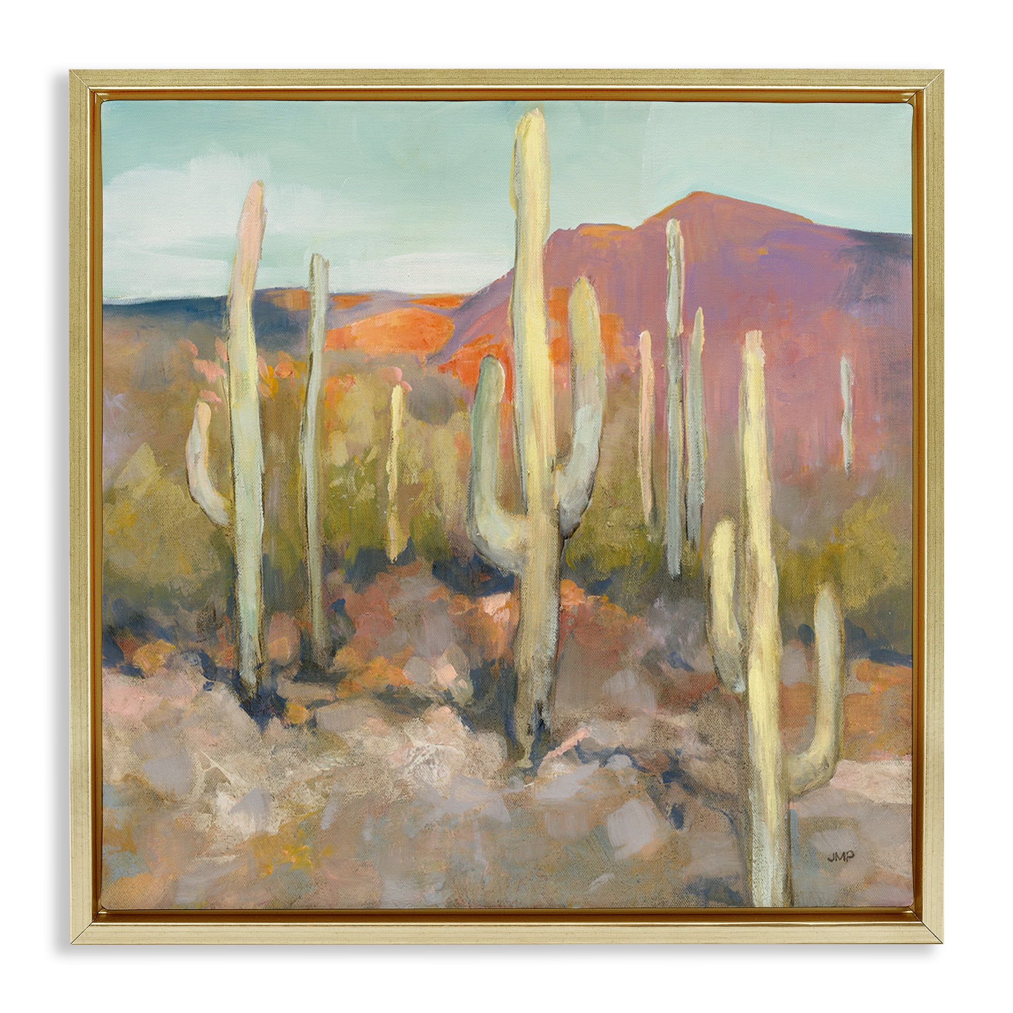 Stupell Industries Soft Cactus Desert Landscape Landscape Painting Gold Floater Framed Canvas Art Print Wall Art, 18 x 18