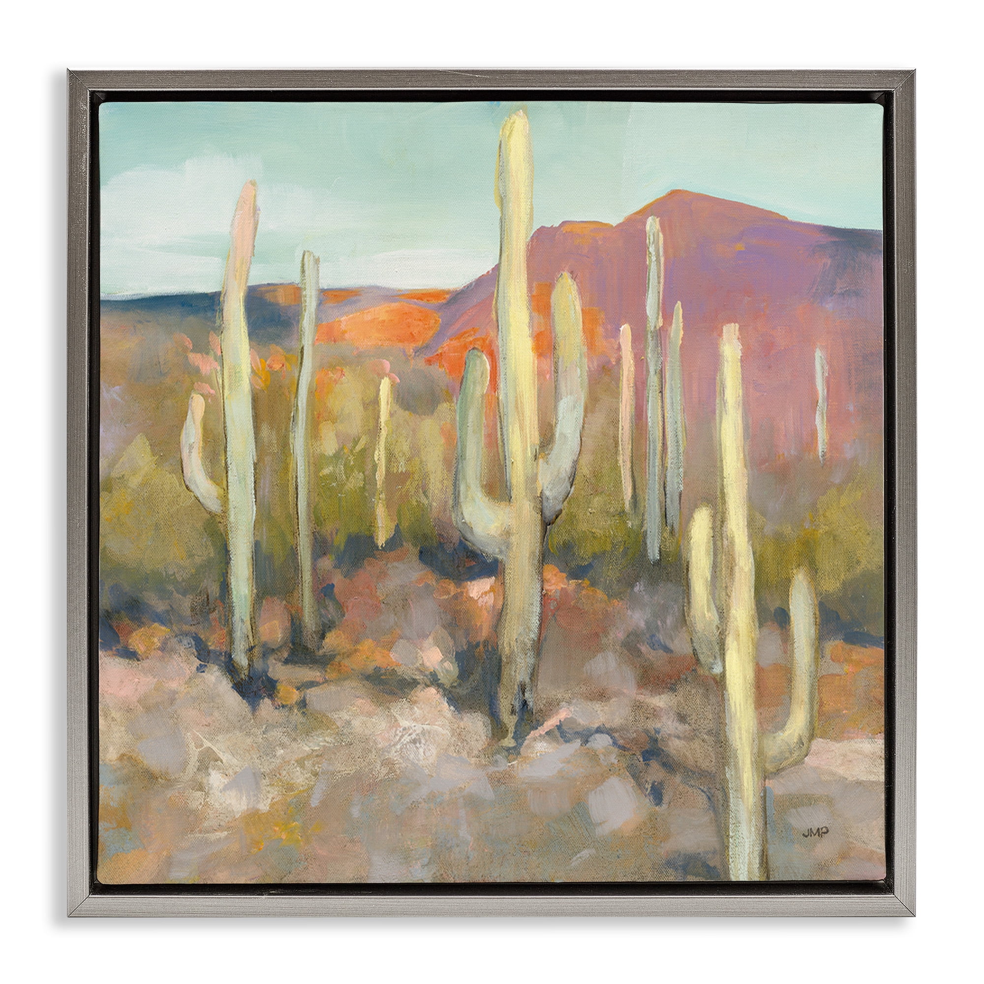 Stupell Industries Soft Cactus Desert Landscape Landscape Painting Gray Floater Framed Canvas Art Print Wall Art, 18 x 18