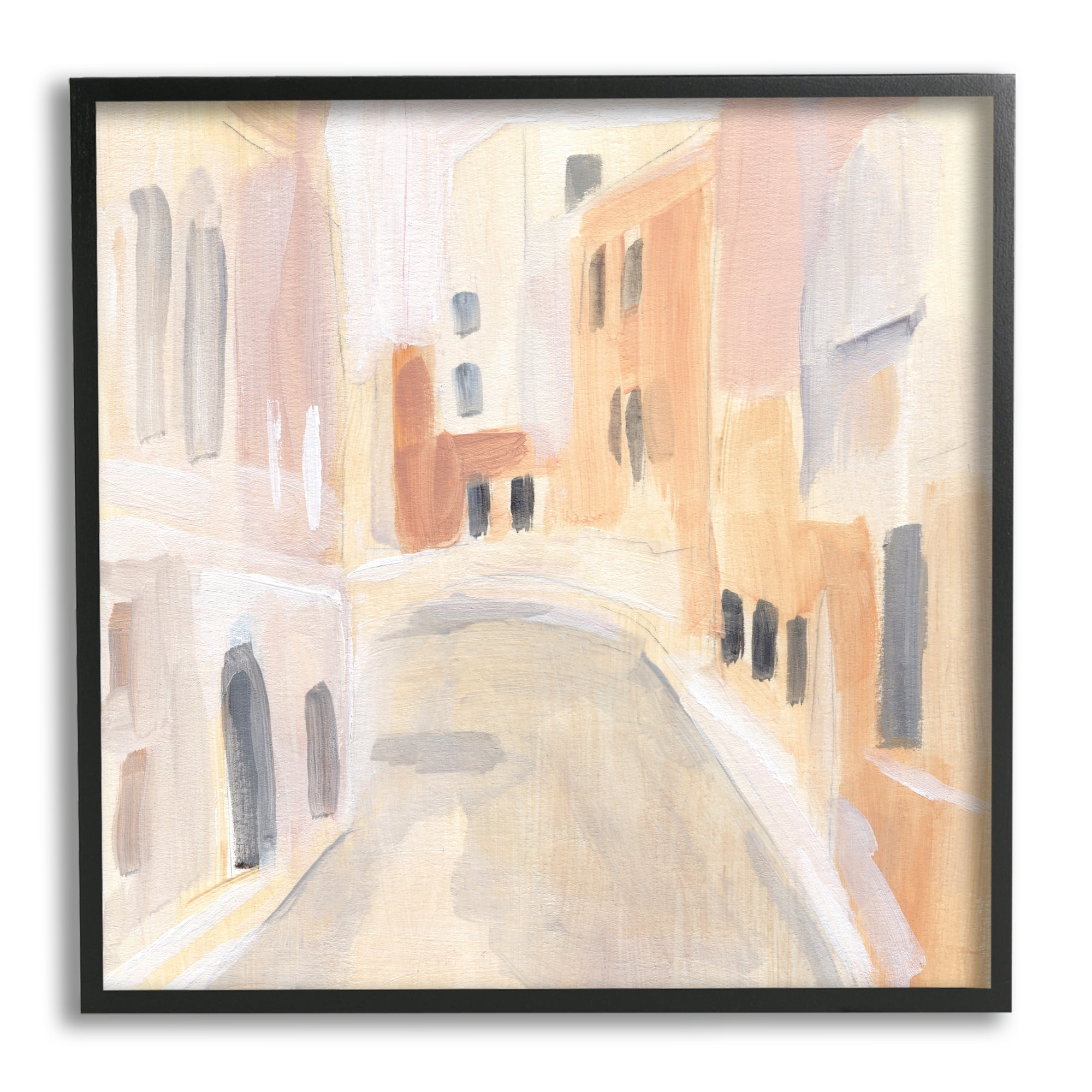 Stupell Industries Soft City Pathway Delicate Coastal European Buildings Travel & Places Painting Black Framed Art Print Wall Art, 12 x 12