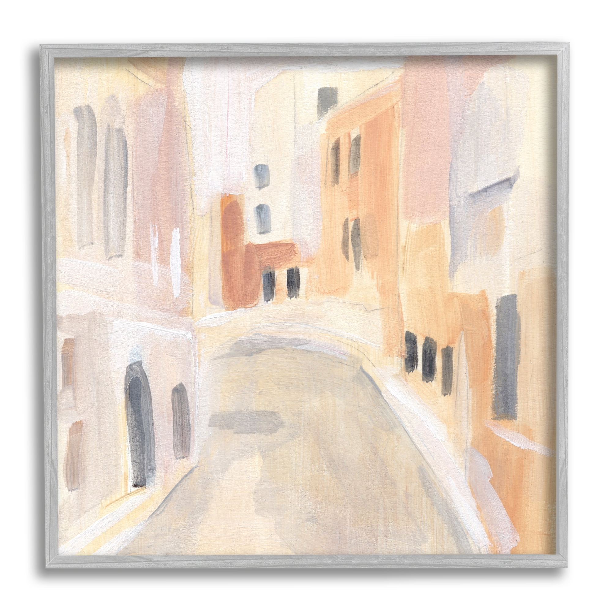 Stupell Industries Soft City Pathway Delicate Coastal European Buildings Travel & Places Painting Gray Framed Art Print Wall Art, 24 x 24