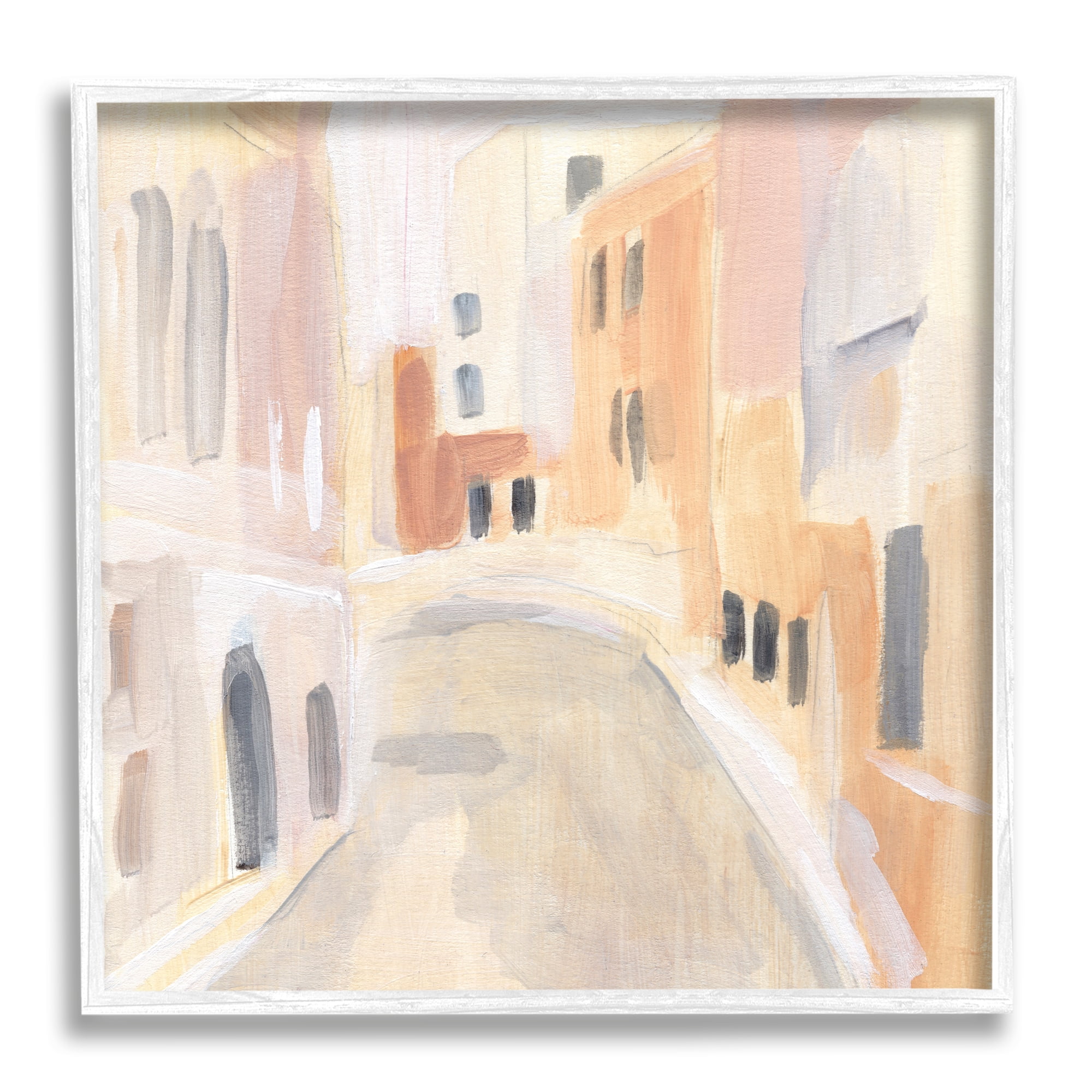 Stupell Industries Soft City Pathway Delicate Coastal European Buildings Travel & Places Painting White Framed Art Print Wall Art, 24 x 24