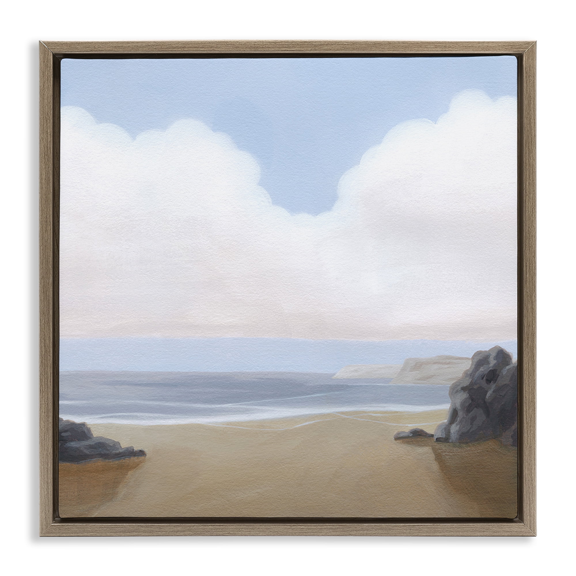 Stupell Industries Soft Clouds Over Beach Landscape Painting Brown Floater Framed Canvas Art Print Wall Art, 25 x 25