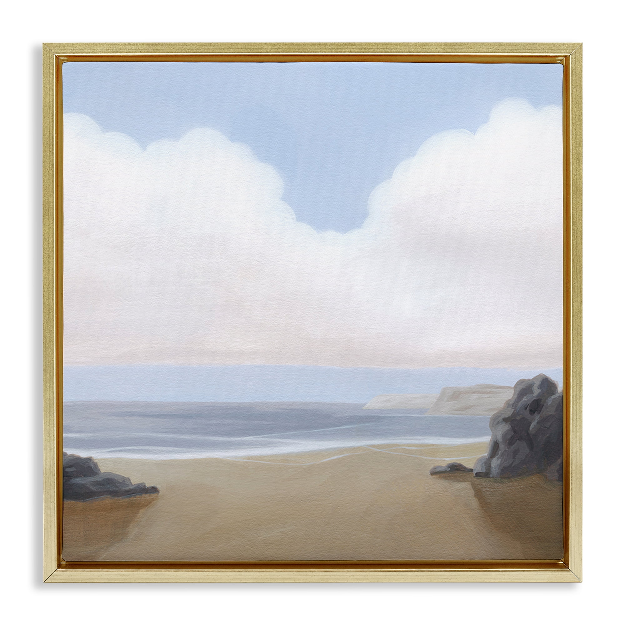 Stupell Industries Soft Clouds Over Beach Landscape Painting Gold Floater Framed Canvas Art Print Wall Art, 25 x 25