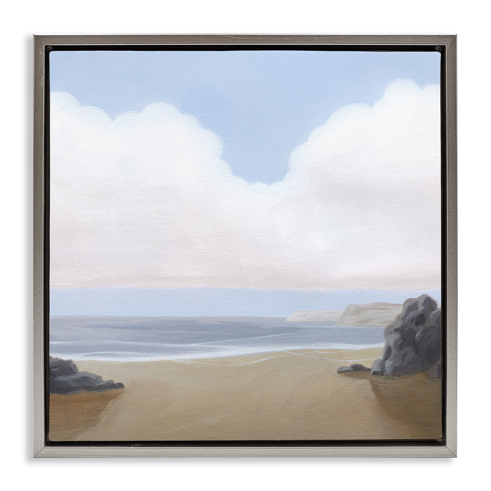 Stupell Industries Soft Clouds Over Beach Landscape Painting Gray Floater Framed Canvas Art Print Wall Art, 25 x 25