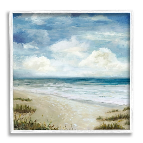 Stupell Industries Soft Clouds over Beach Nature Painting White Framed Art Print Wall Art, 17 x 17