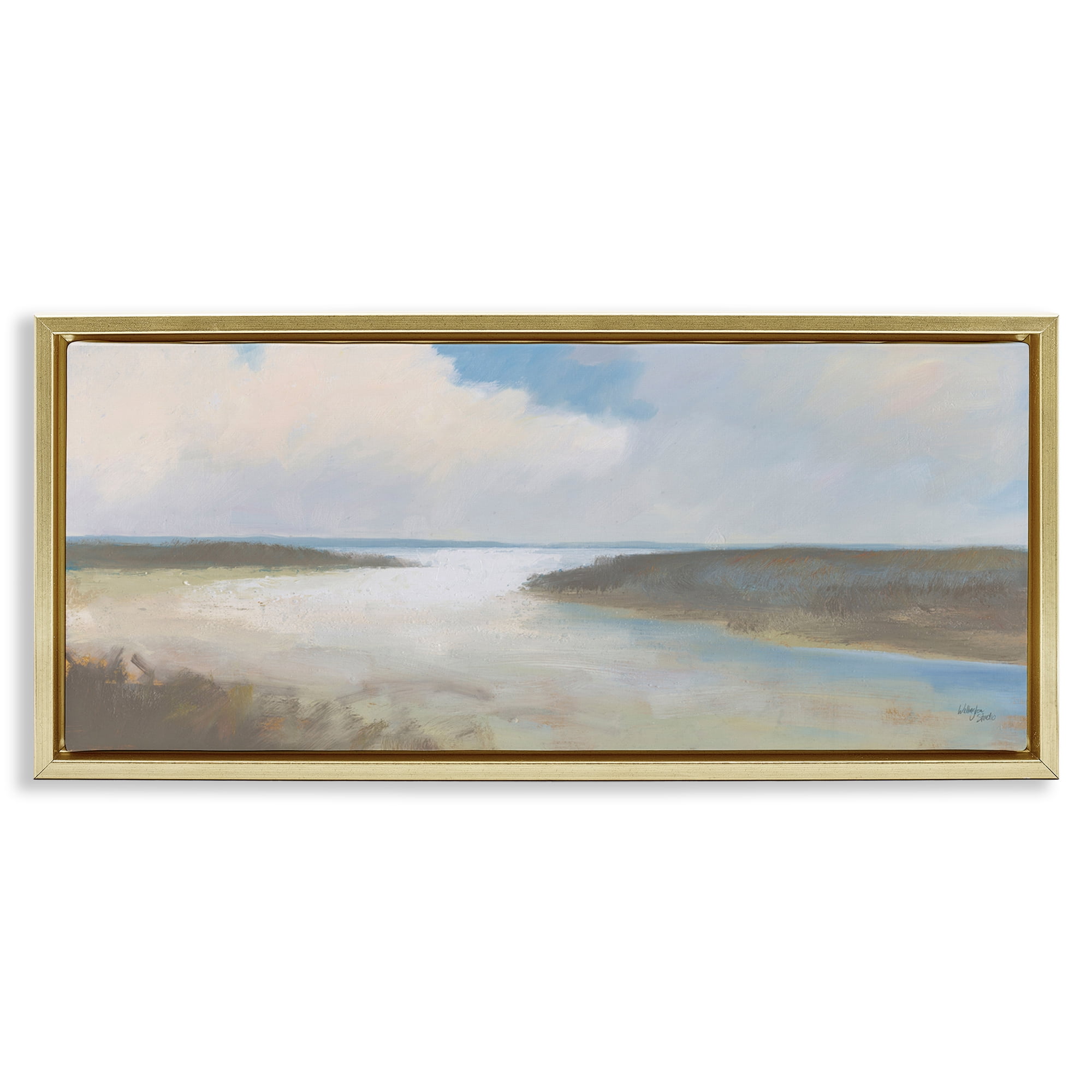 Stupell Industries Soft Coastal Shore Nautical & Beach Painting Gold Floater Framed Canvas Art Print Wall Art, 25 x 11