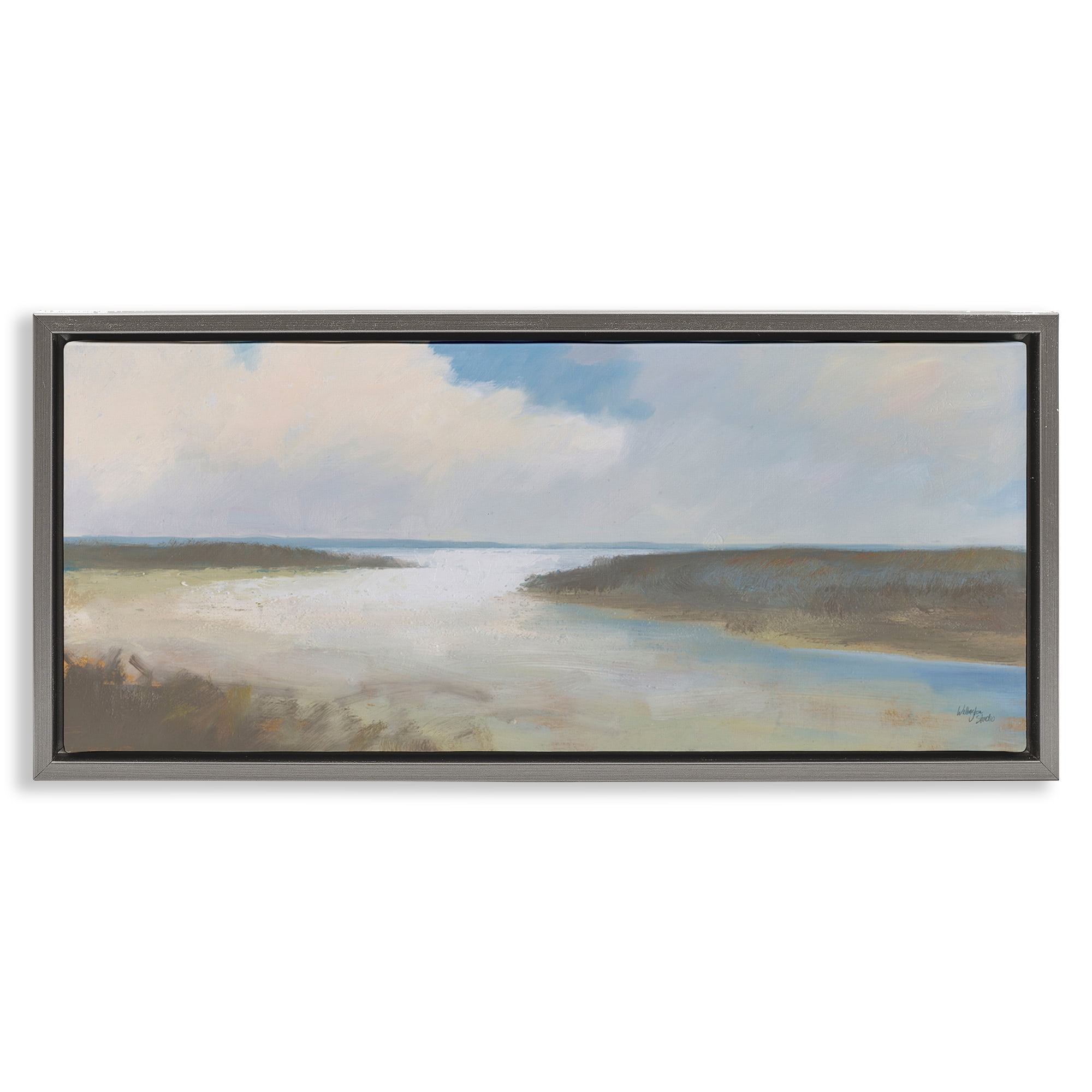 Stupell Industries Soft Coastal Shore Nautical & Beach Painting Gray Floater Framed Canvas Art Print Wall Art, 25 x 11