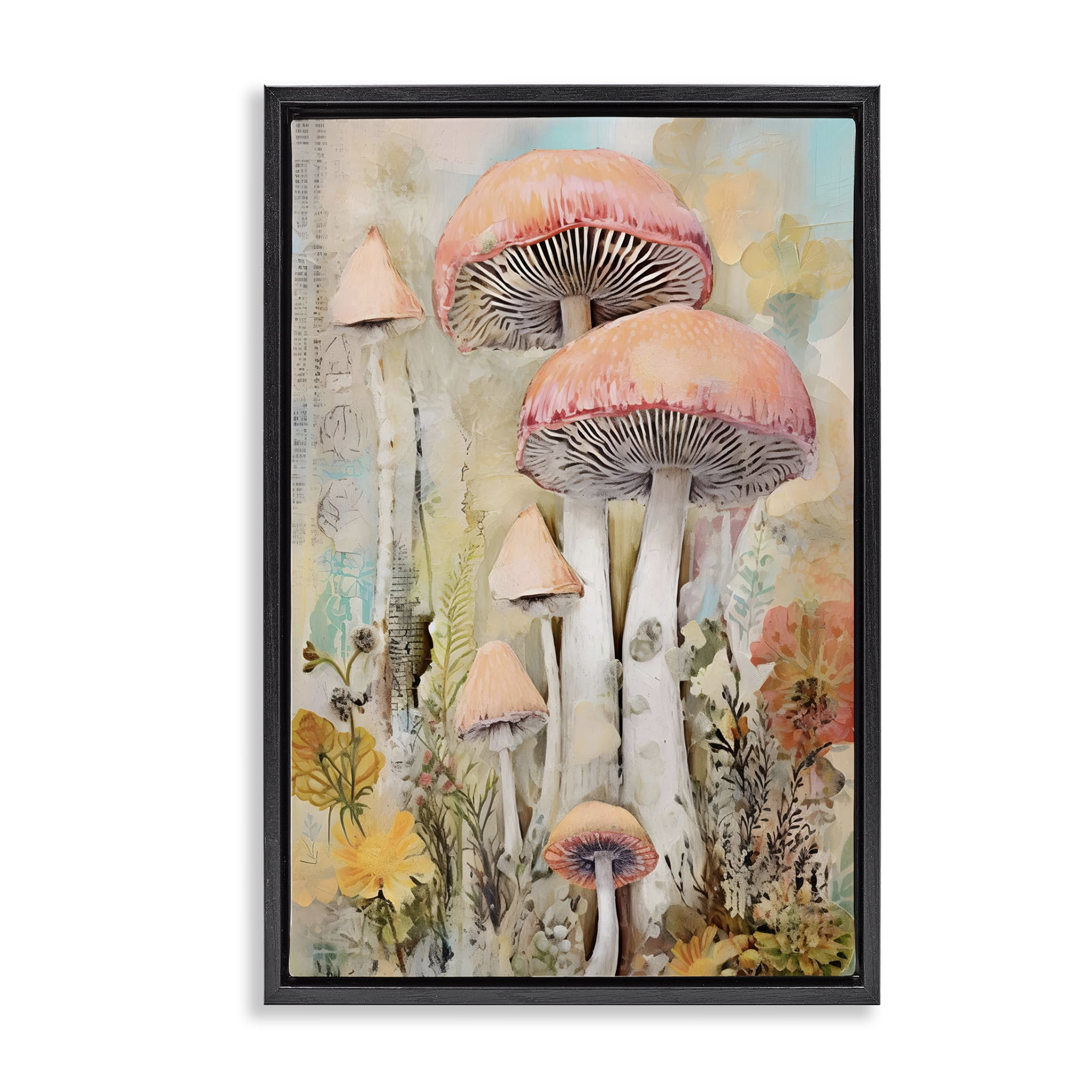 Stupell Industries Soft Collaged Mushrooms Plants & Flowers Painting Black Floater Framed Canvas Art Print Wall Art, 17 x 25