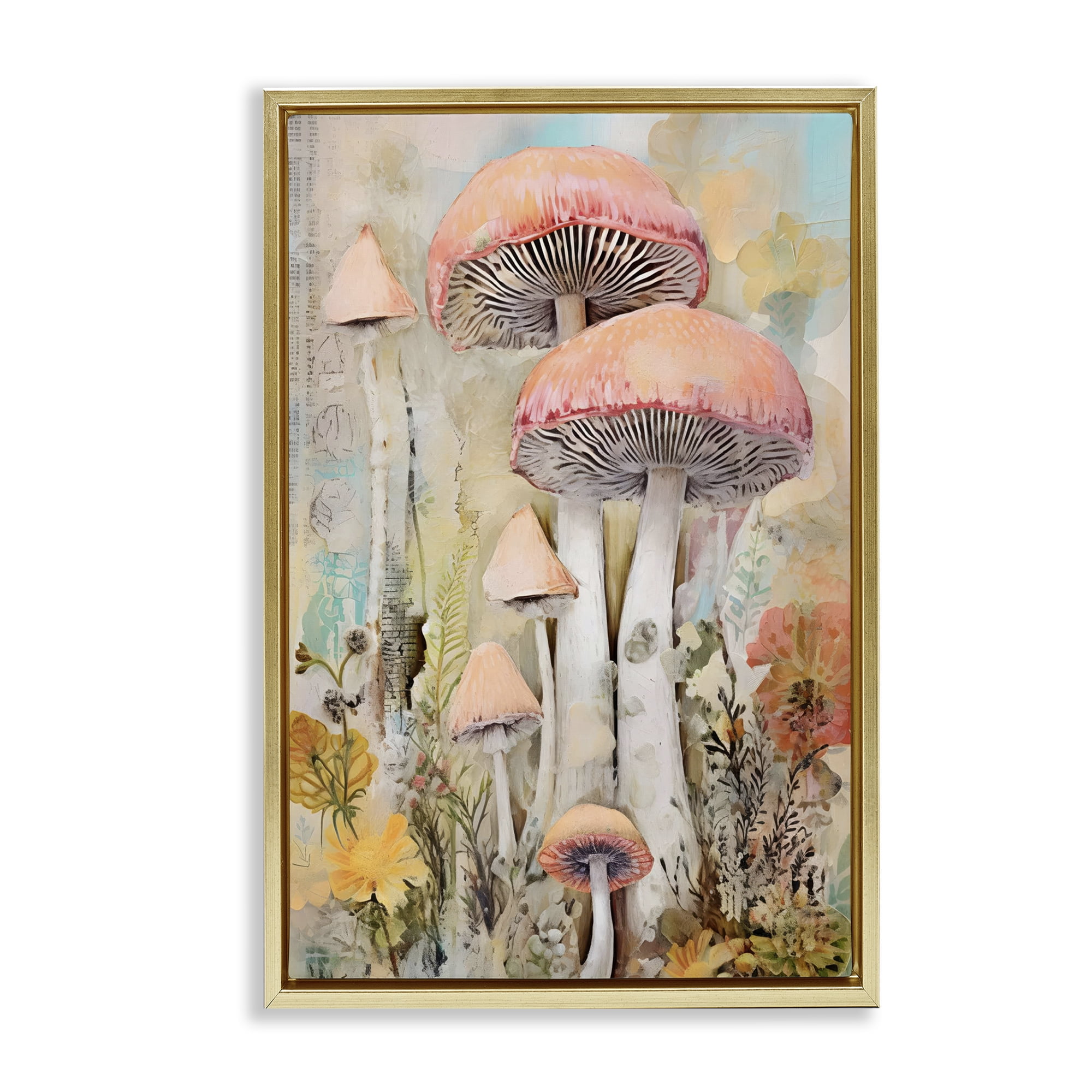 Stupell Industries Soft Collaged Mushrooms Plants & Flowers Painting Gold Floater Framed Canvas Art Print Wall Art, 21 x 31