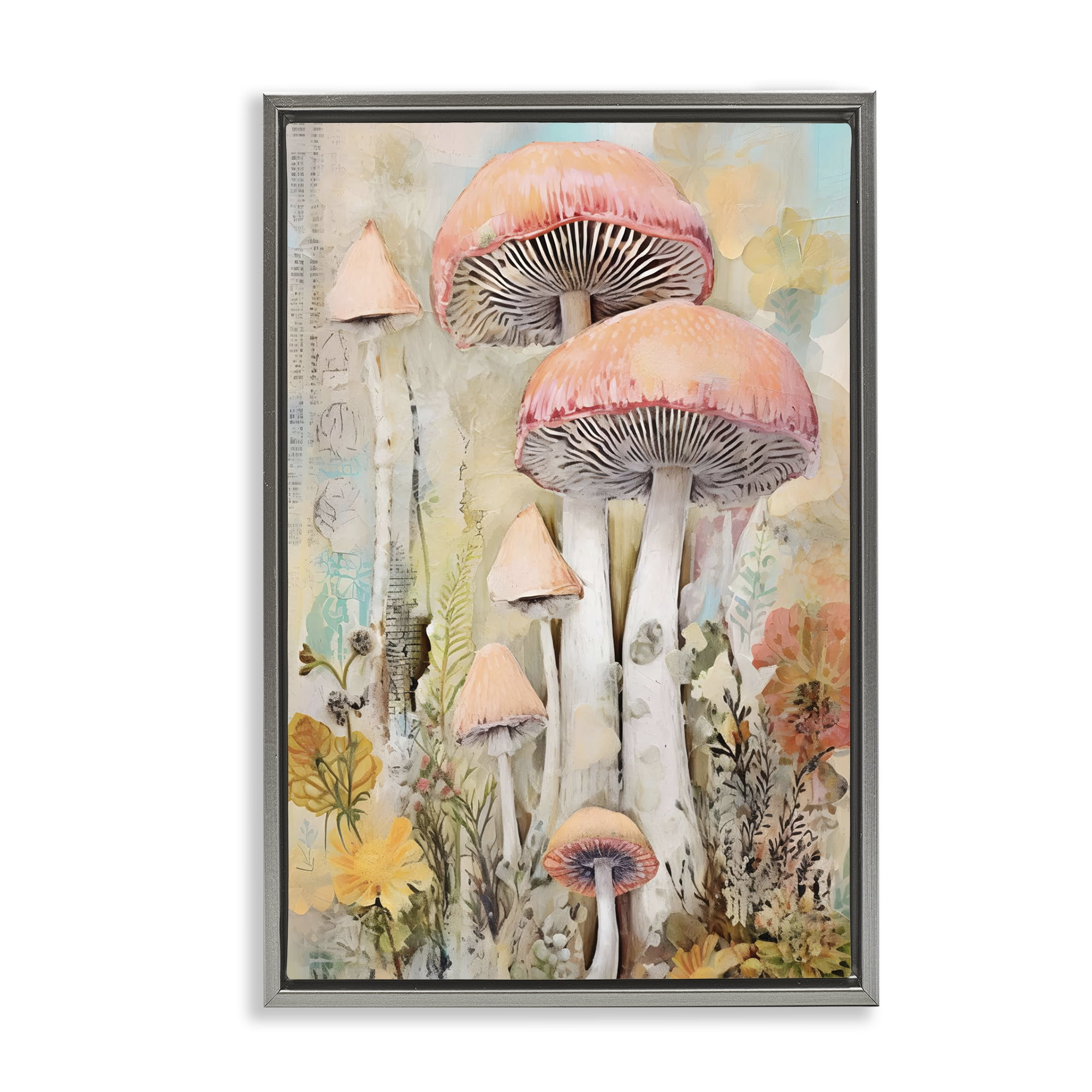 Stupell Industries Soft Collaged Mushrooms Plants & Flowers Painting Gray Floater Framed Canvas Art Print Wall Art, 21 x 31
