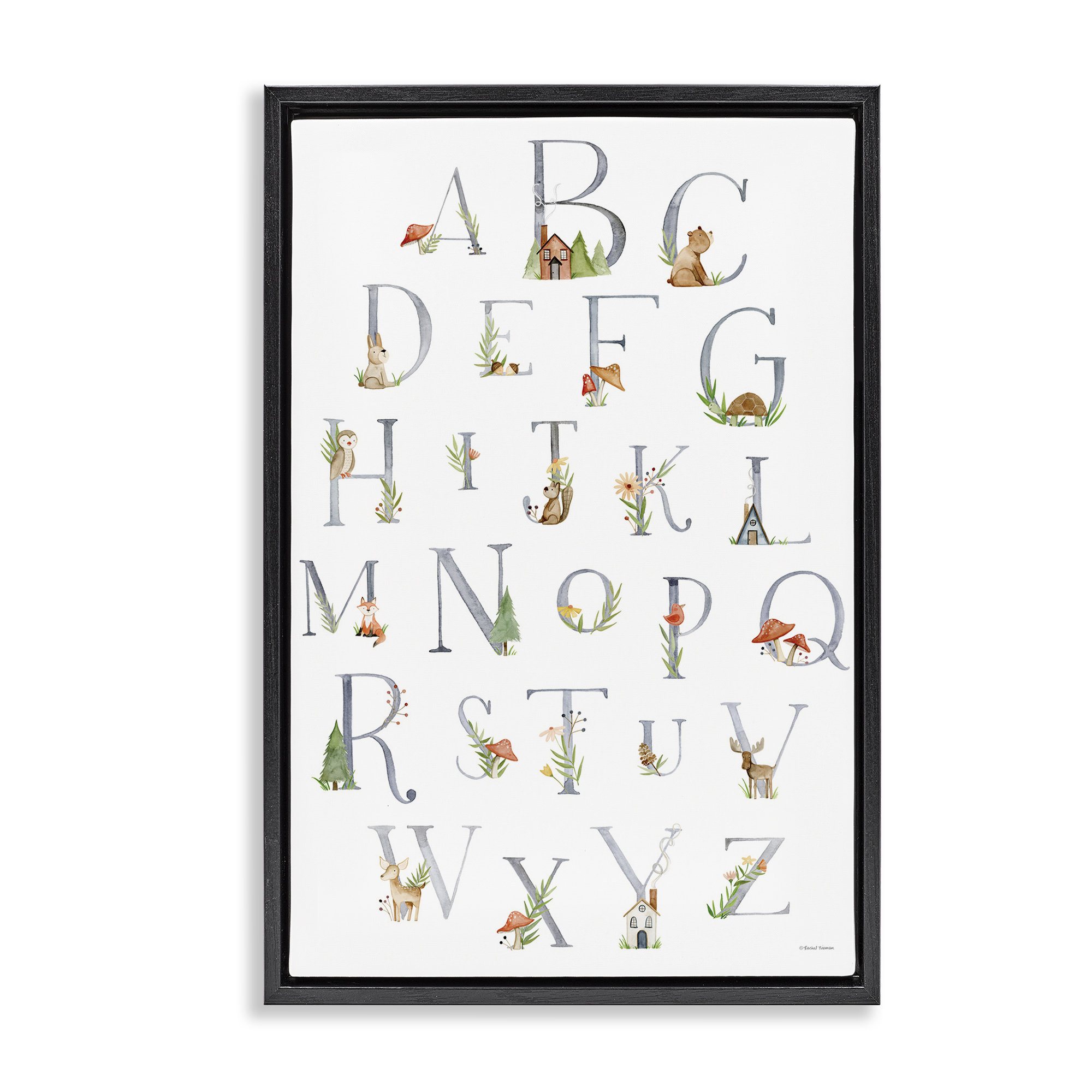 Stupell Industries Soft Cottage Alphabet Town & City Painting Black Floater Framed Art Print Wall Art, 21 x 31