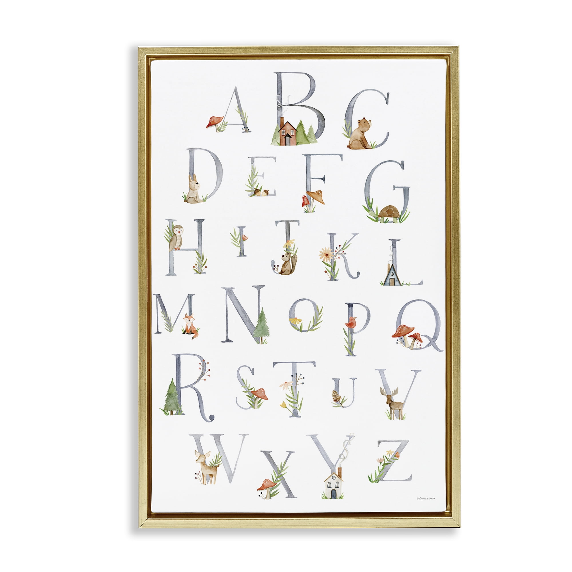 Stupell Industries Soft Cottage Alphabet Town & City Painting Gold Floater Framed Art Print Wall Art, 17 x 25