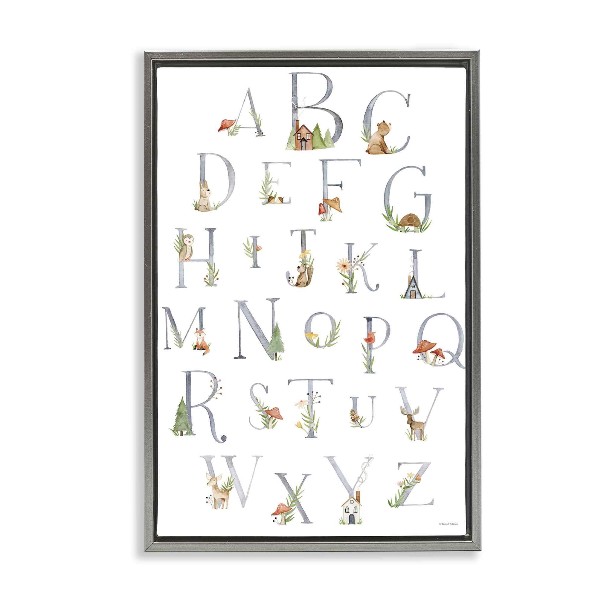 Stupell Industries Soft Cottage Alphabet Town & City Painting Gray Floater Framed Art Print Wall Art, 21 x 31