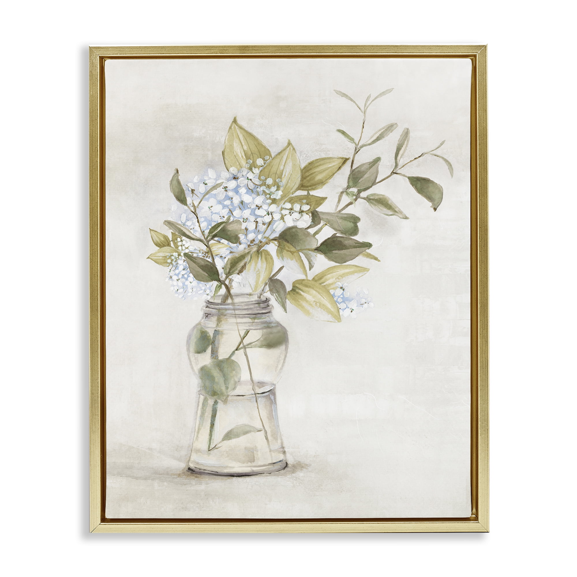 Stupell Industries Soft Cottage Blooms Vase Plants & Flowers Painting Gold Floater Framed Canvas Art Print Wall Art, 17 x 21