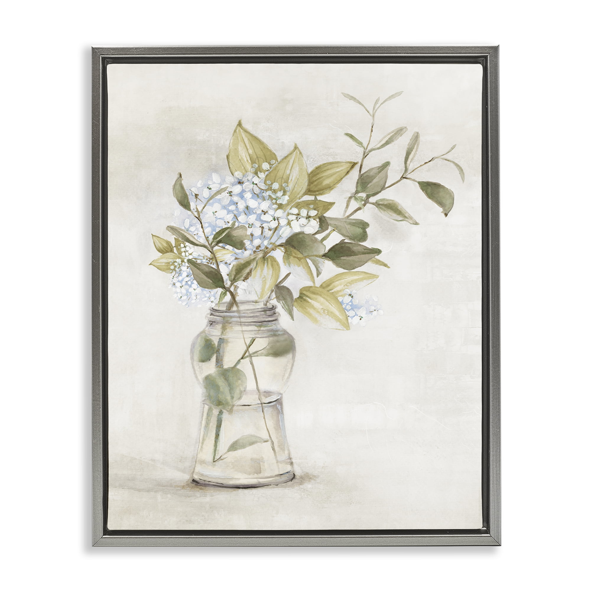 Stupell Industries Soft Cottage Blooms Vase Plants & Flowers Painting Gray Floater Framed Canvas Art Print Wall Art, 25 x 31
