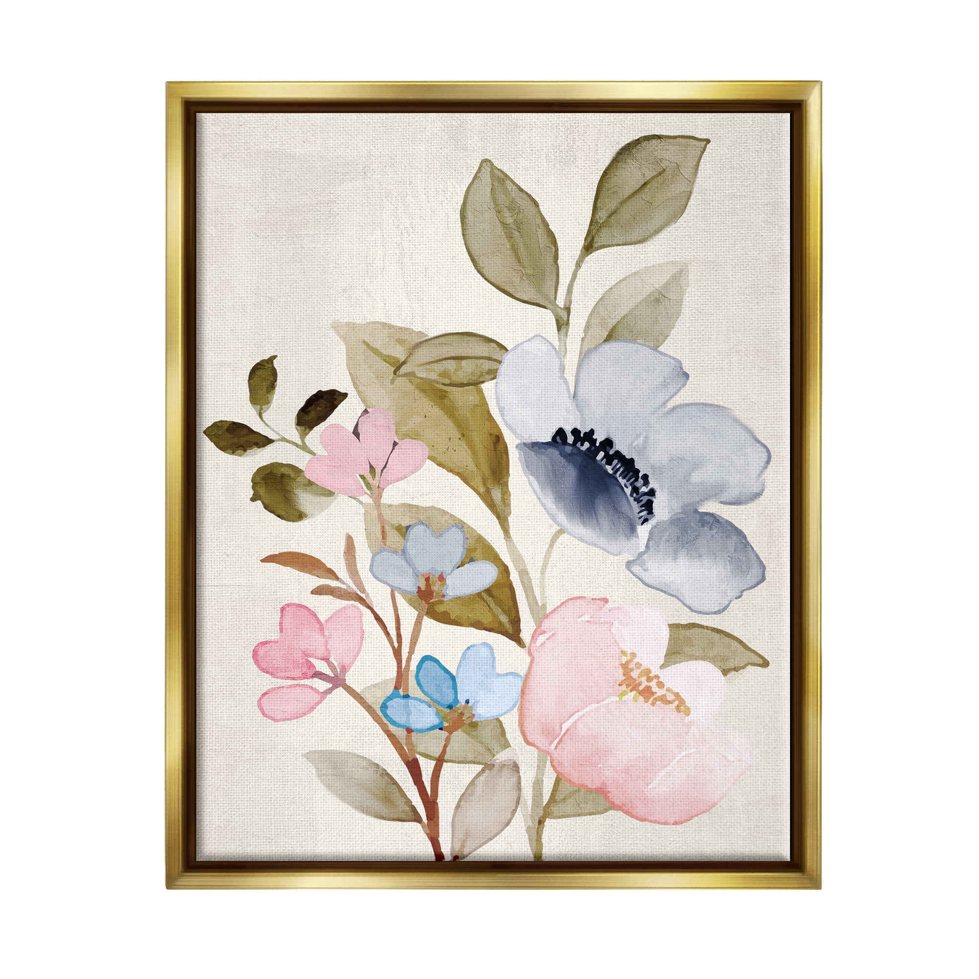 Stupell Industries Soft Cottage Florals Botanical & Floral Painting Gold Floater Framed Canvas Art Print Wall Art, 17 x 21