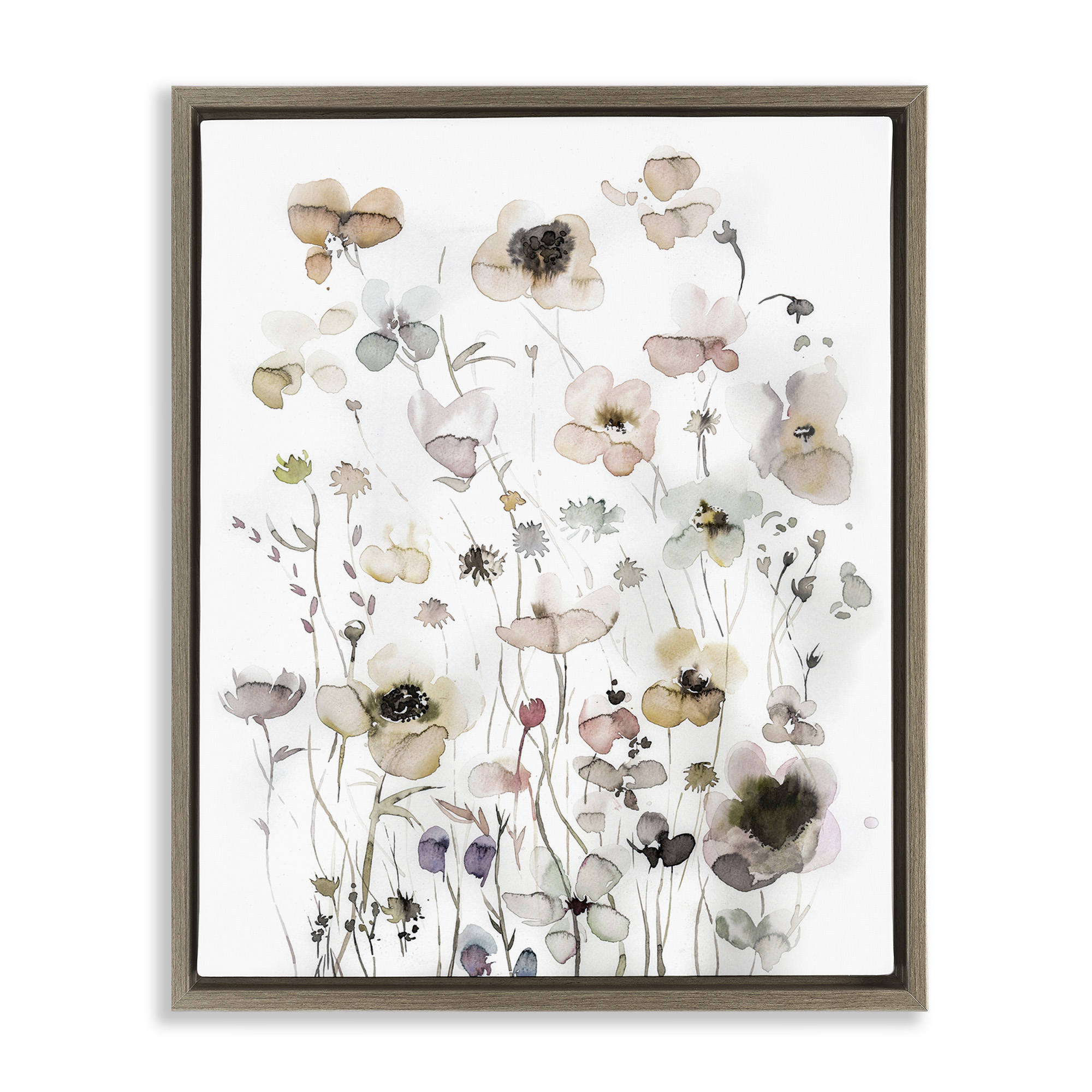 Stupell Industries Soft Cottage Florals Pattern Botanical & Floral Painting Brown Floater Framed Canvas Art Print Wall Art, 25 x 31