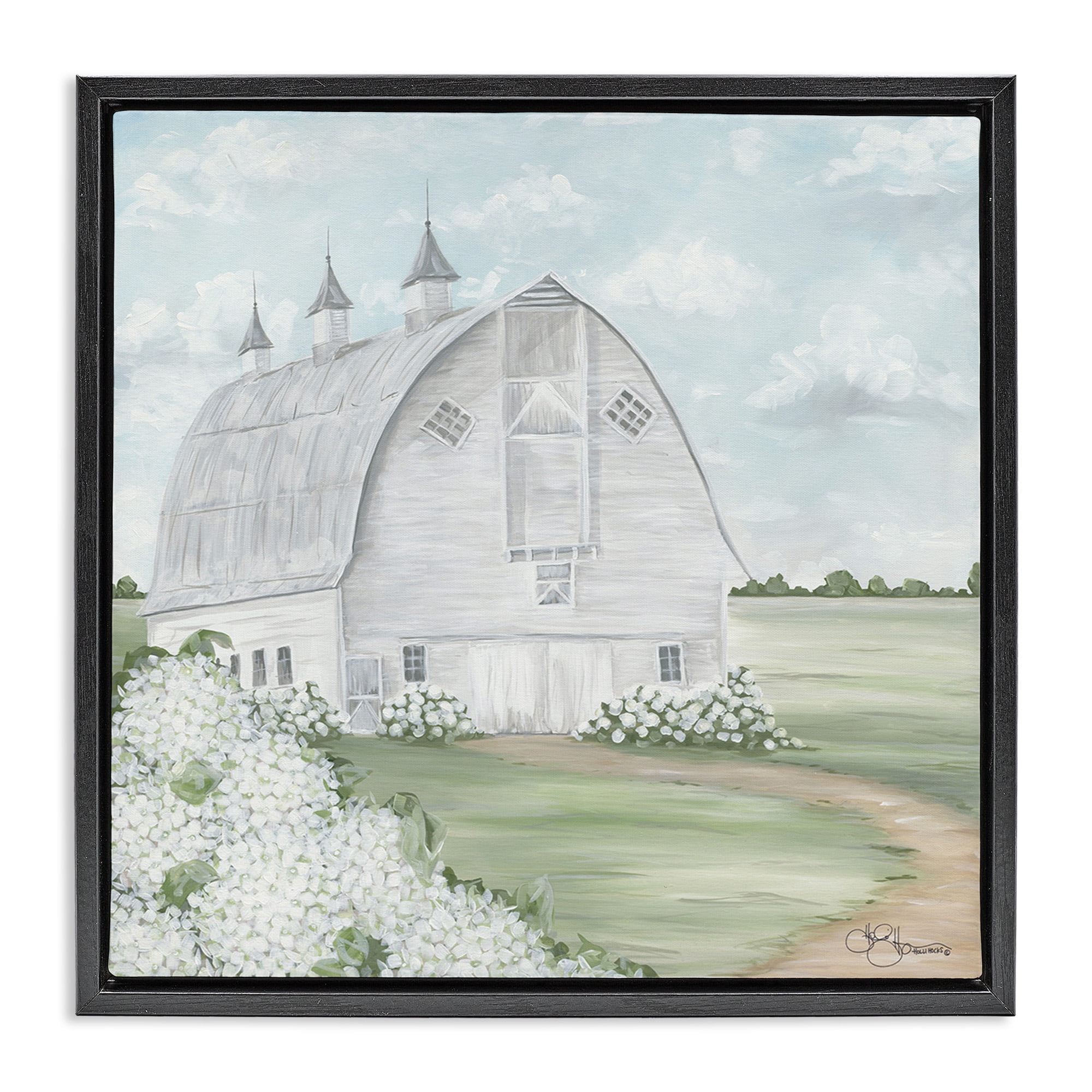 Stupell Industries Soft Country Landscape with Hydrangeas Landscape Painting Black Floater Framed Canvas Art Print Wall Art, 25 x 25