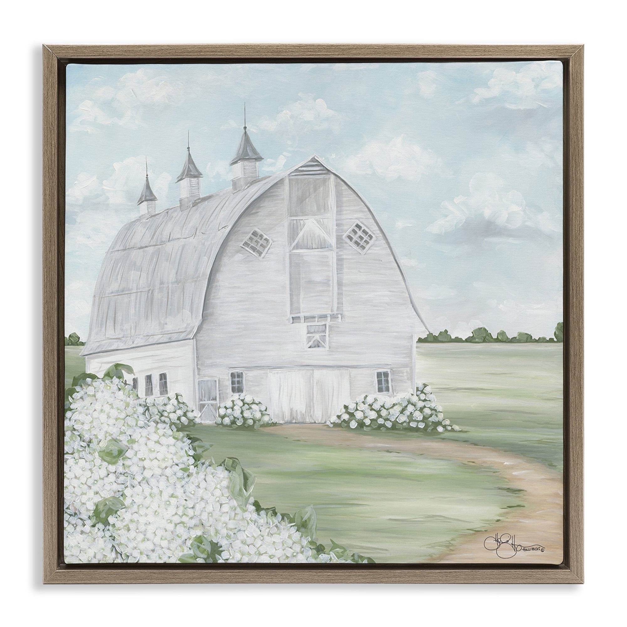 Stupell Industries Soft Country Landscape with Hydrangeas Landscape Painting Brown Floater Framed Canvas Art Print Wall Art, 18 x 18