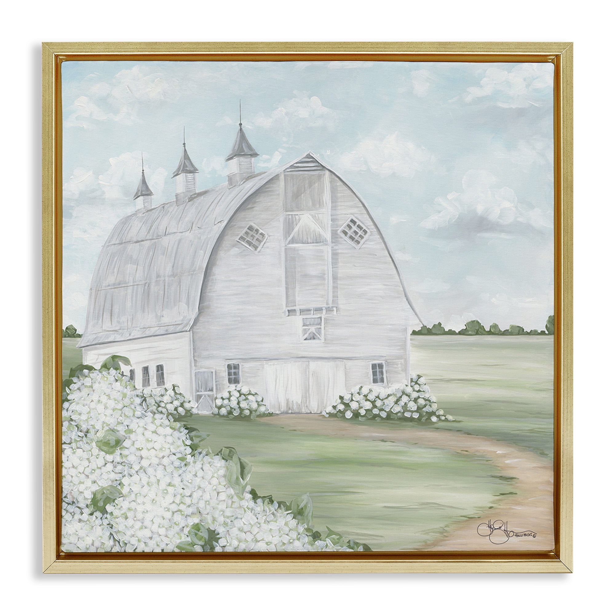 Stupell Industries Soft Country Landscape with Hydrangeas Landscape Painting Gold Floater Framed Canvas Art Print Wall Art, 25 x 25