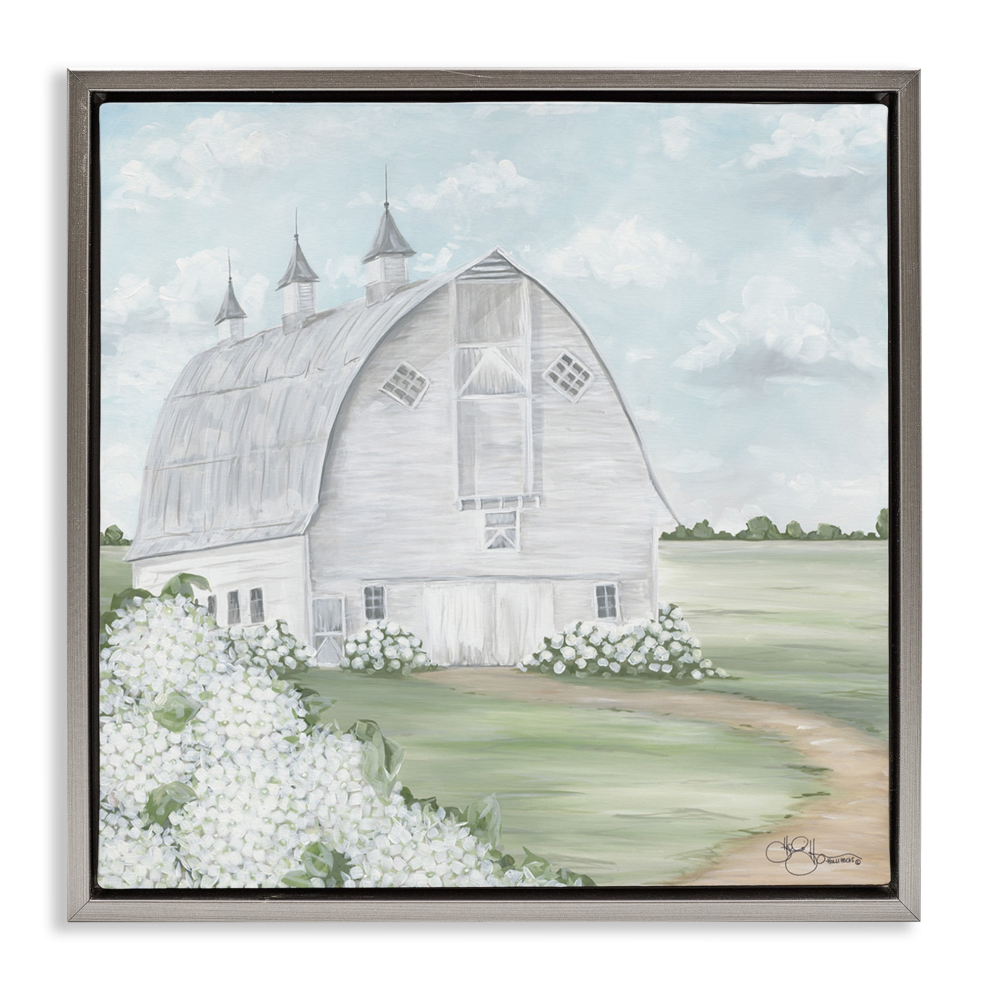 Stupell Industries Soft Country Landscape with Hydrangeas Landscape Painting Gray Floater Framed Canvas Art Print Wall Art, 18 x 18