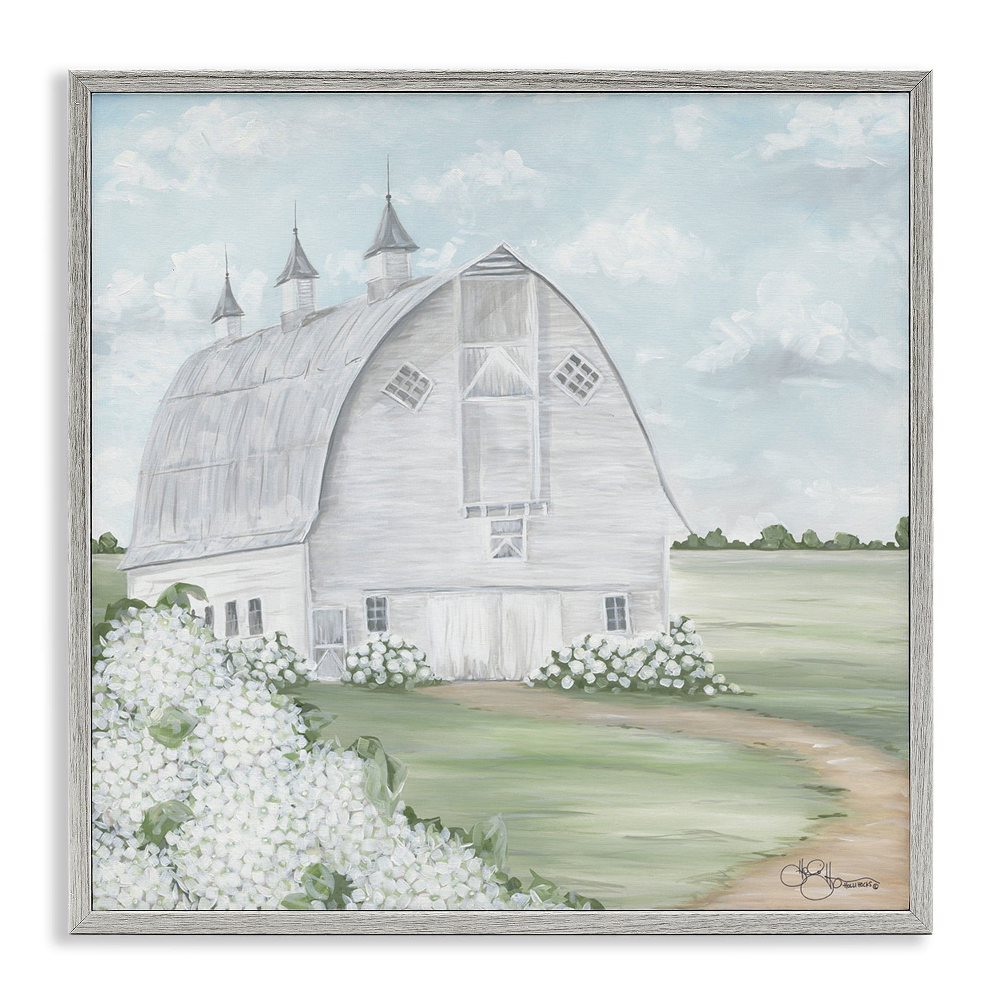 Stupell Industries Soft Country Landscape with Hydrangeas Landscape Painting Gray Framed Art Print Wall Art, 24 x 24